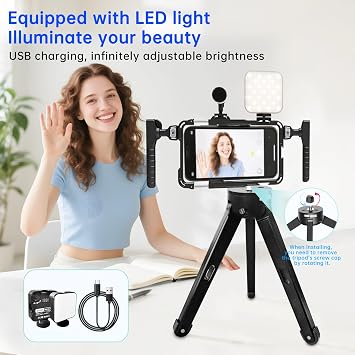 Phone Video Stabilizer Rig Kit: Phone Cage Rig for Video Recording with Handles LED Light Tripod - for Videomaker Videographer - for iPhone for Samsung for Pixel and Other Android Phones