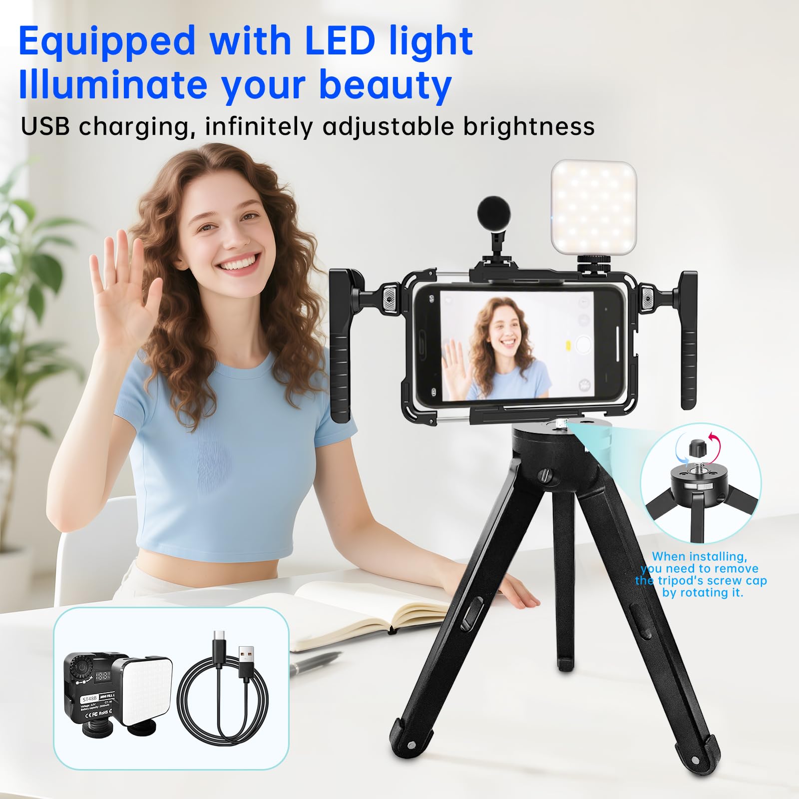 Phone Video Stabilizer Rig Kit: Telefono Cage Rig Rig per Registrazione Video con Maniglie LED Luce Treppiede - per Videomaker Videografo - per iPhone per Samsung per Pixel e altri telefoni Android