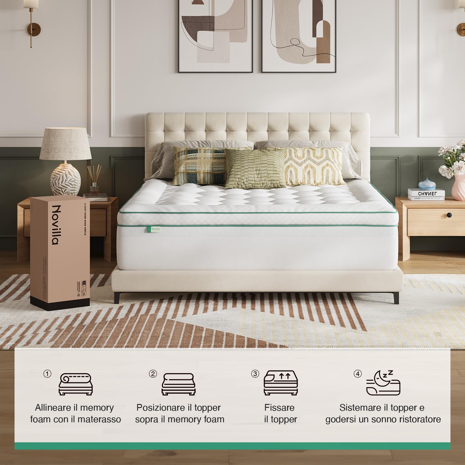 Novilla Topper Materasso Matrimoniale 160x200 cm, Sovramaterasso Memory Foam Gel 2 in 1, Design Separabile (Uso Combinato o Singolo), Strato Imbottito Soffice + Schiuma, Fodera Lavabile