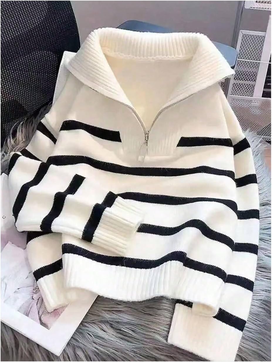 SweatyRocks Women's Half Zip Striped Sweaters Long Sleeve Collar Casual Oversized Knit Pullover Tops - Image 4