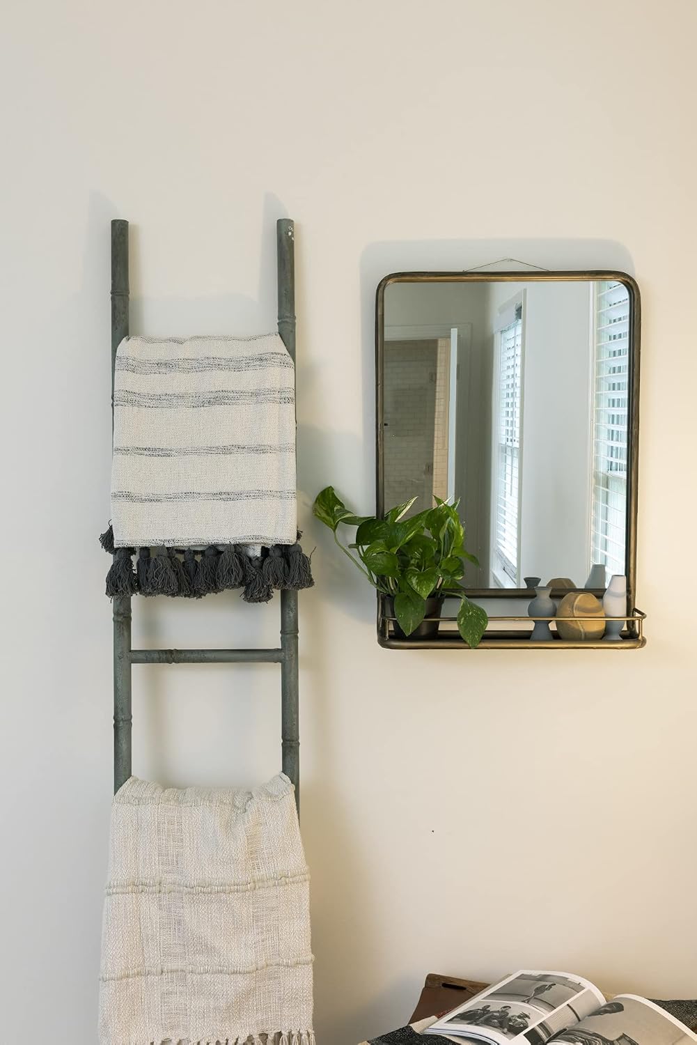 Creative Co-op Rectangle Metal Wall Mirror with Shelf, Single Vanity, Brass