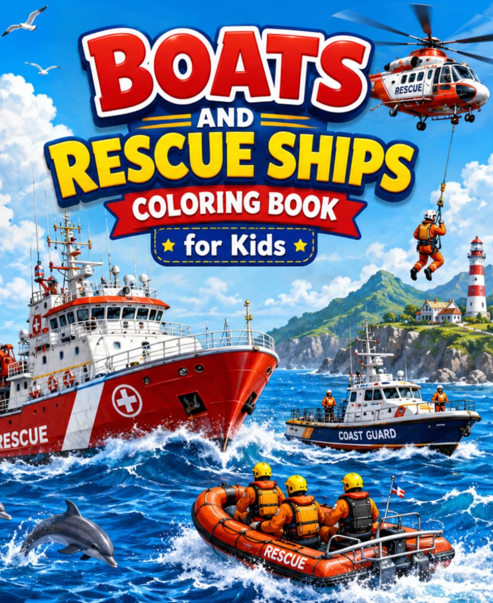 Boats and Rescue Ships Coloring Book for Kids: Fun Ocean Adventure Coloring Pages with Rescue Boats, Coast Guard Ships, Fireboats, Sailboats, Tugboats, Lighthouses, and Sea Scenes