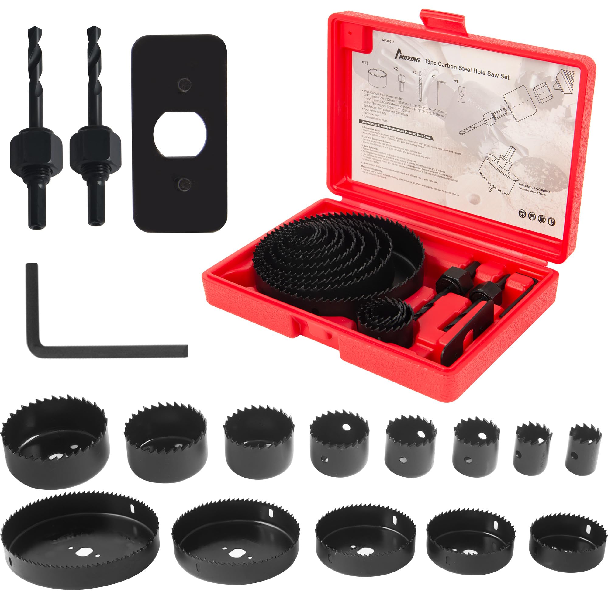 MAZING Juego de 19 sierras perforadoras con hojas de sierra de 19 mm a 127 mm, mandriles, placa de instalación, brocas, llave hexagonal y funda, ideal para paneles de yeso, madera blanda, madera