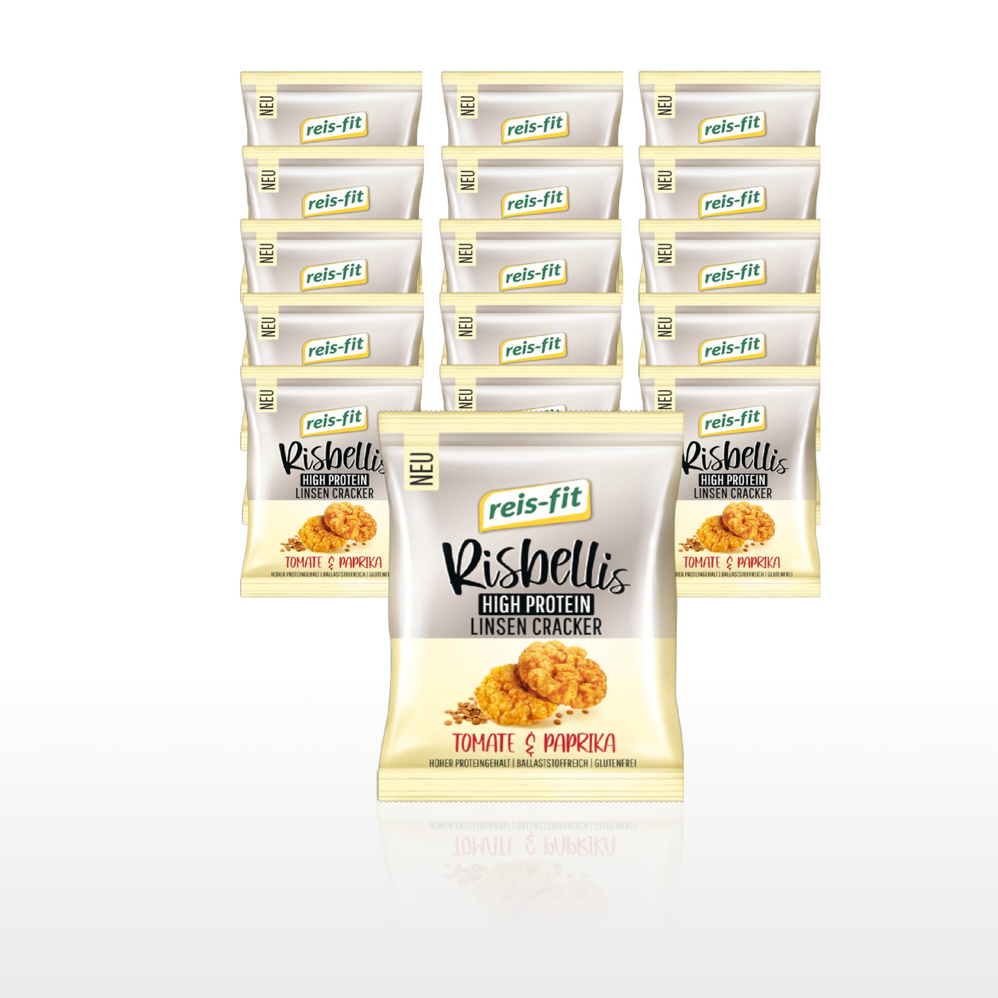 Risbellis High Protein Tomate Paprika Linsencracker 16 Packungen knusprige Reis Cracker fettarm