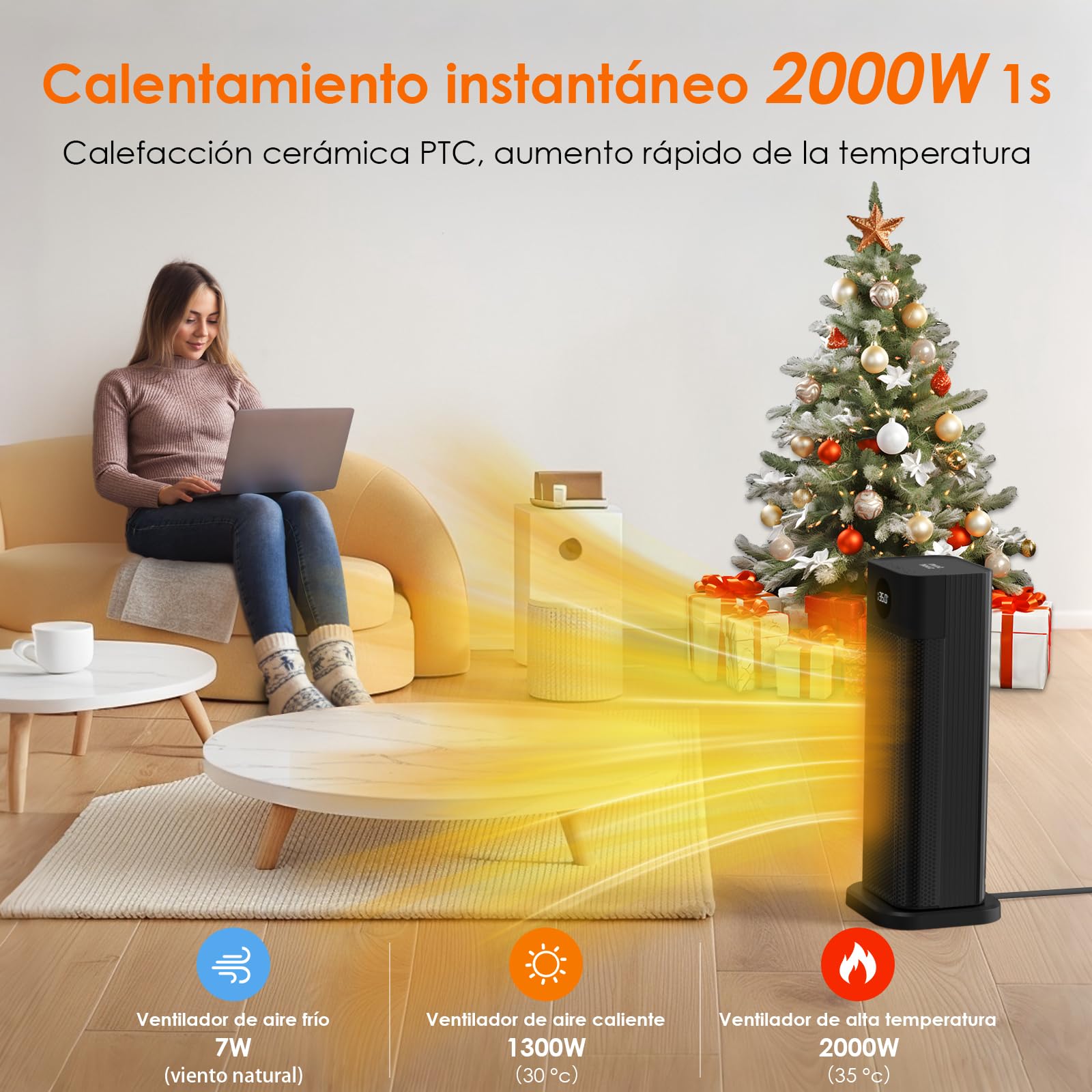 Minthouz Calefactor Bajo Consumo, 2000W PTC Radiador Eléctrico Bajo Consumo, calefactor eléctrico 3 modos con termostato,mando a distancia, pantalla LED digital,oscilación 70°,Calefactor Baño para el