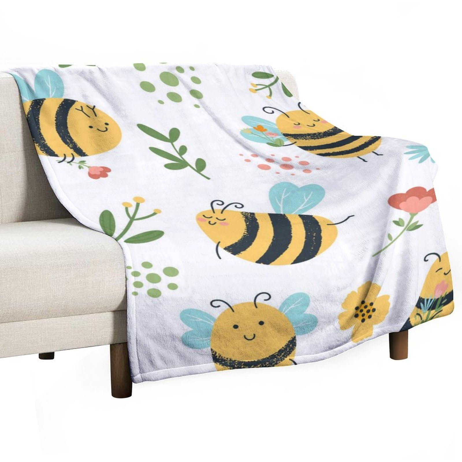 Hxwokrum Flannel Blanket, Bee Flower Throw Blanket for Couch Sofa Bed Office, Soft And Comfortable Without Pilling