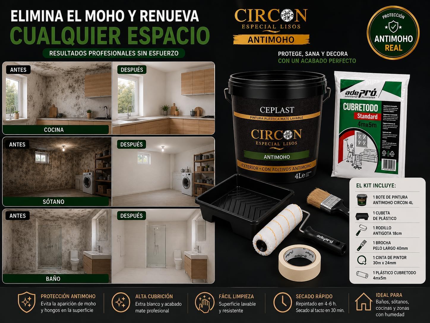 Kit Pintura Antimoho CIRCON 4L + Rodillo + Cubeta + Brocha + cinta protectora + Plástico Cubretodo | Pintura Blanca Mate Lavable Interior Exterior | Cocina, Baño y Humedad