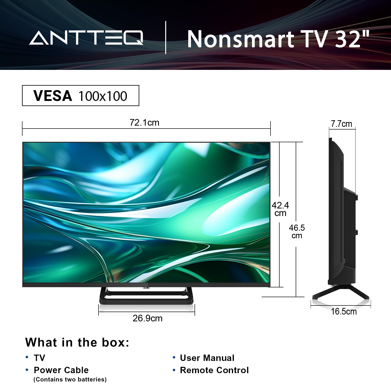 Antteq TV 32 pouces, support central TV 720p Freeview HD Dolby Audio DVB T2/S2 LED, HDMI USB Media Player Monitor PS5 Xbox, TV standard non smart TV petit écran pour chambre à coucher cuisine noir