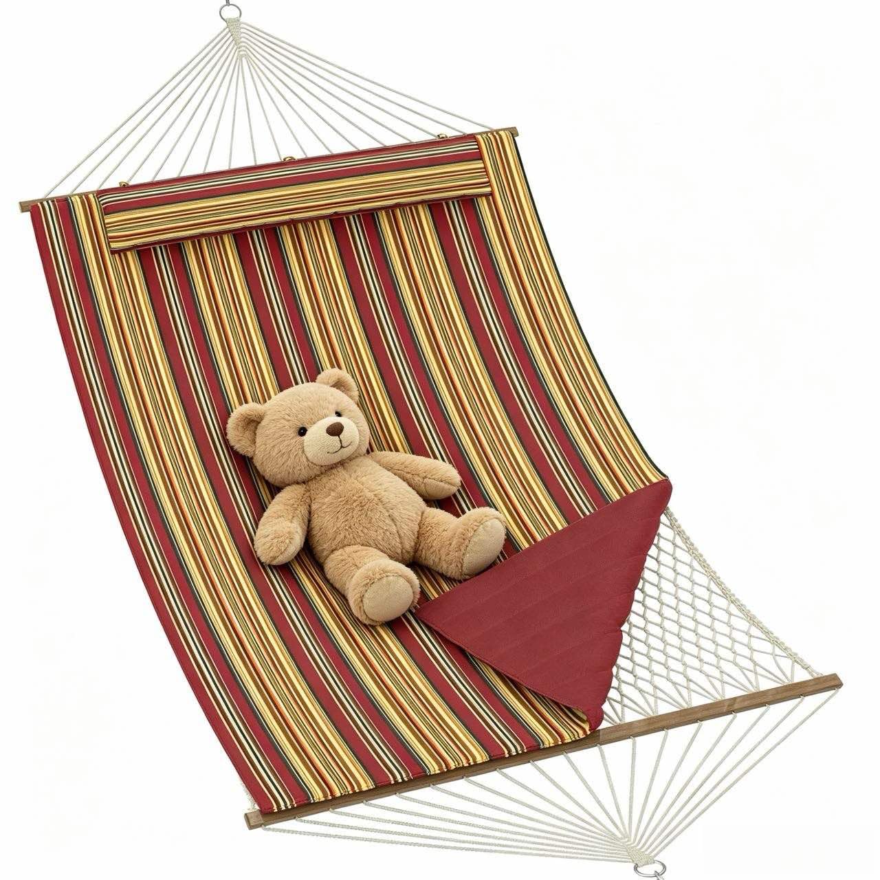 450Lbs Double Hammock for 2 Person, Quilted Garden Hammock with Wooden Spreader Bar & Detachable Pillow for Outdoor, Backyard, Beach, Red and Yellow Stripes
