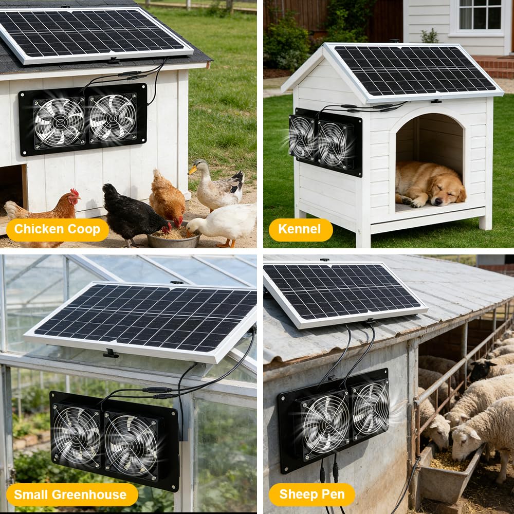 Solar Ventilator Gewächshaus, 16W Solarventilator Wasserdicht mit Unterstützung, Dual Ventilator Solar, Solar Lüfter für Kleine Hühnerställe, Schuppen, Ansaug- oder Abluft