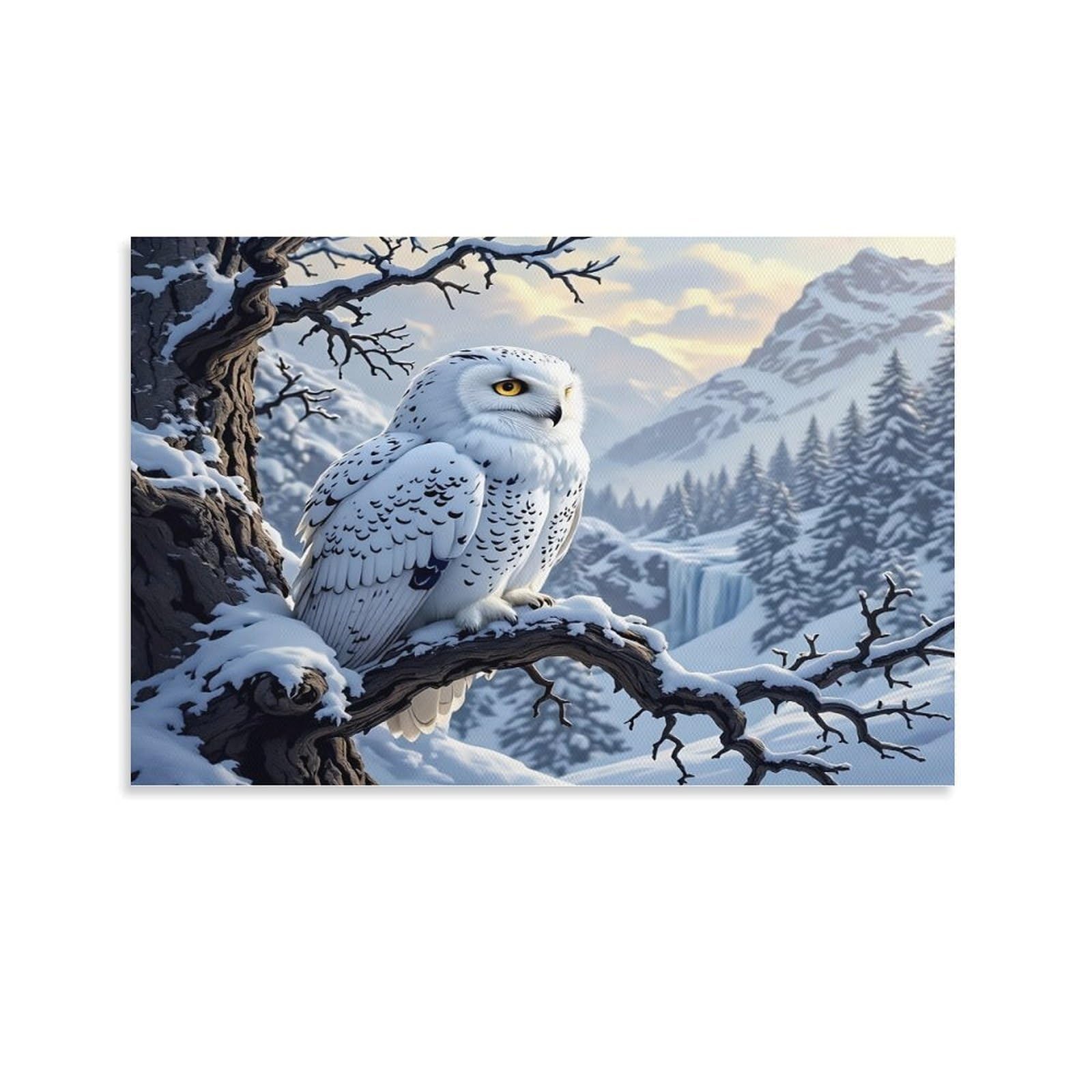 CPLVKWRQJ Snowy Owl Perched Single Snowy Owl Perched Frosty Mountain Branch Framed Wall Art - Living Room Focal Point Ready to Hang Fade Resistant Wall Artwork 12x18inch(30x45cm)