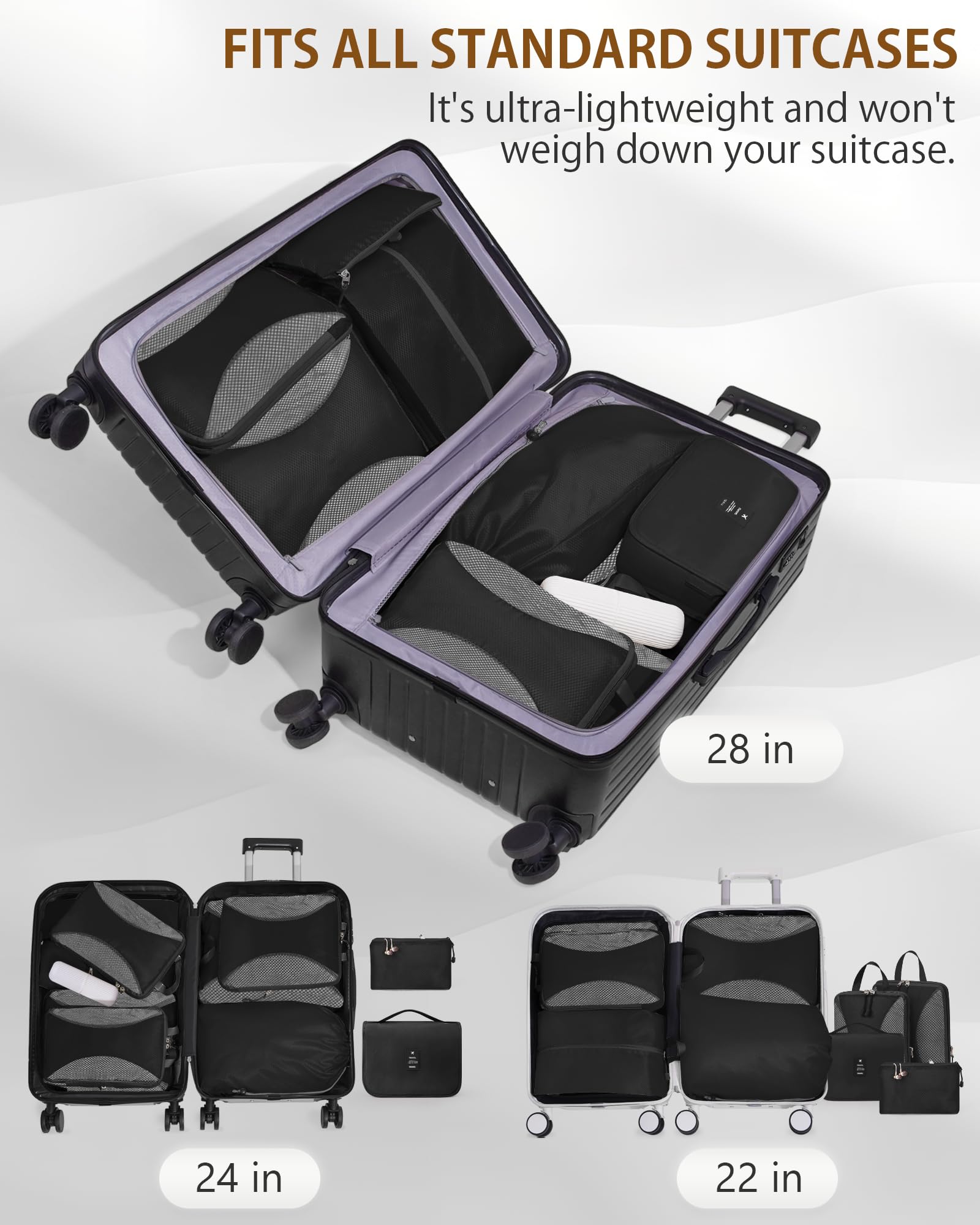 Anjing Lot de 10 cubes de rangement de compression, organiseurs de bagages, sacs de rangement extensibles pour valises, cubes de rangement de voyage pour essentiels de voyage, noir