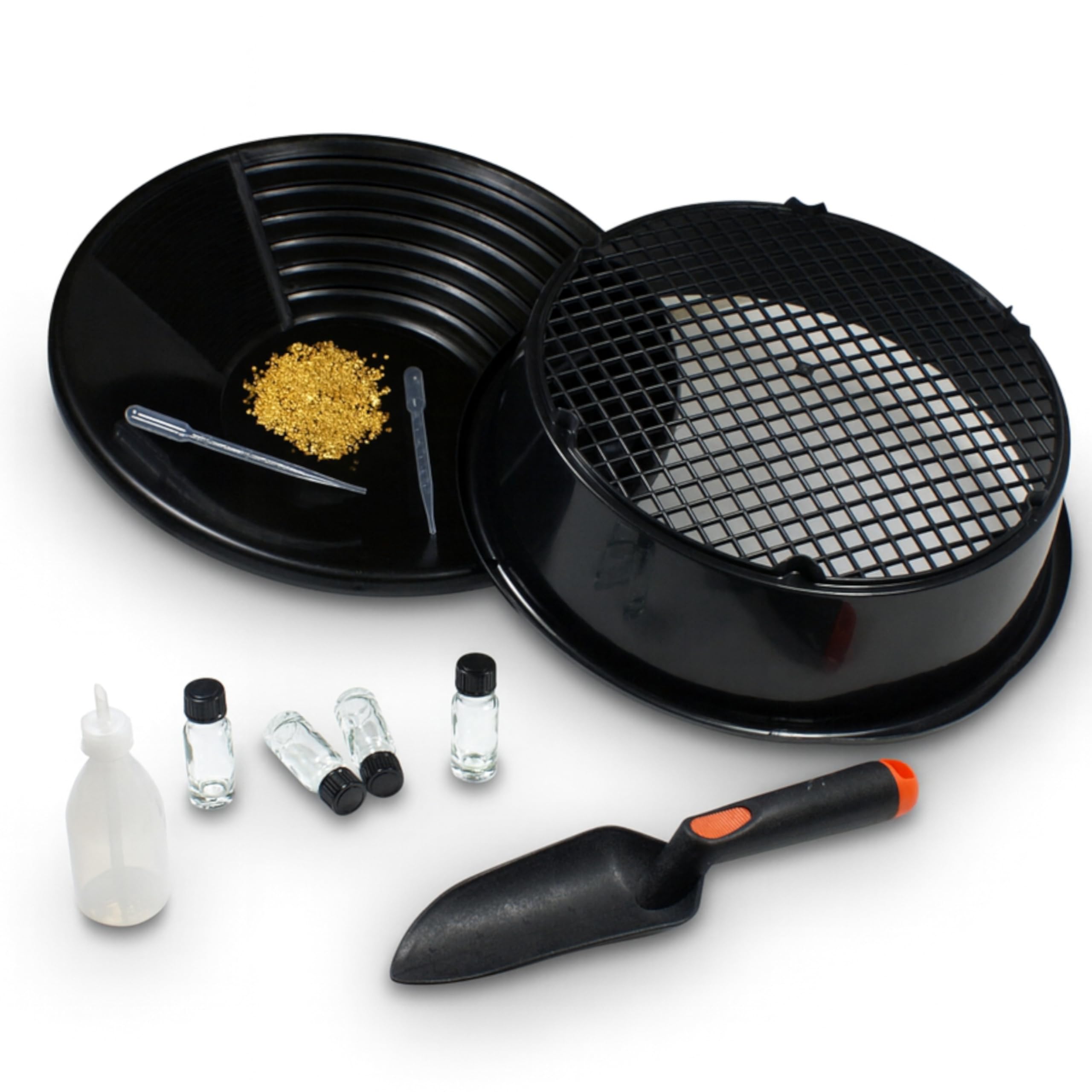 Goldwasch-Set 10-teilig – Goldwaschpfanne Ø 35 cm, Sieb, Schaufel, Snifferbottle, Pipetten & Gläschen – Komplettes Goldwasch Set für Einsteiger & Profis