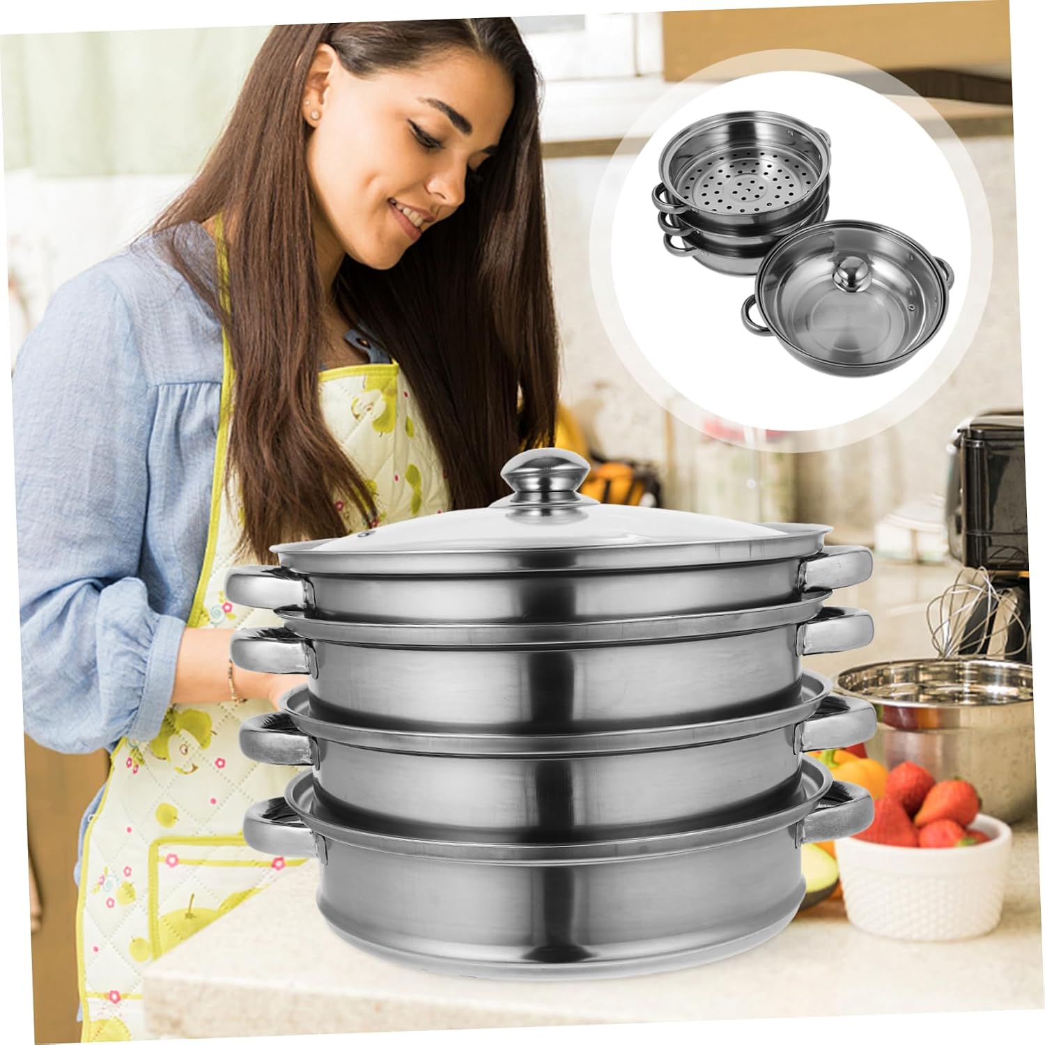 PRETYZOOM Stainless Steel Steamer Pot Multi-purpose Soup Cooker Steam Cookware for Seafood Rice Home Commercial Use