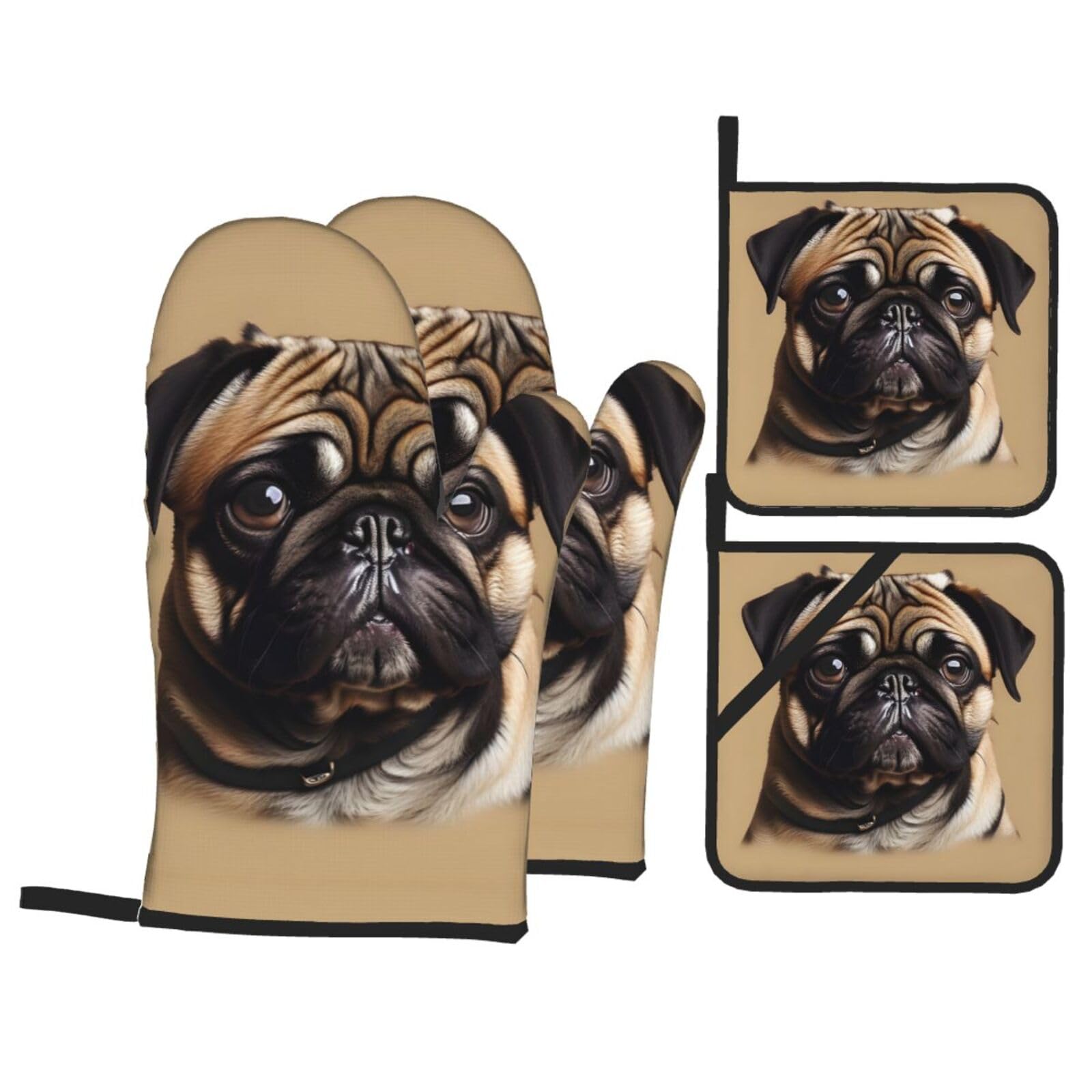 Pug Dogs Print Oven Microwaving Waterproof Kitchen Gloves for Baking Grilling Holiday Cooking