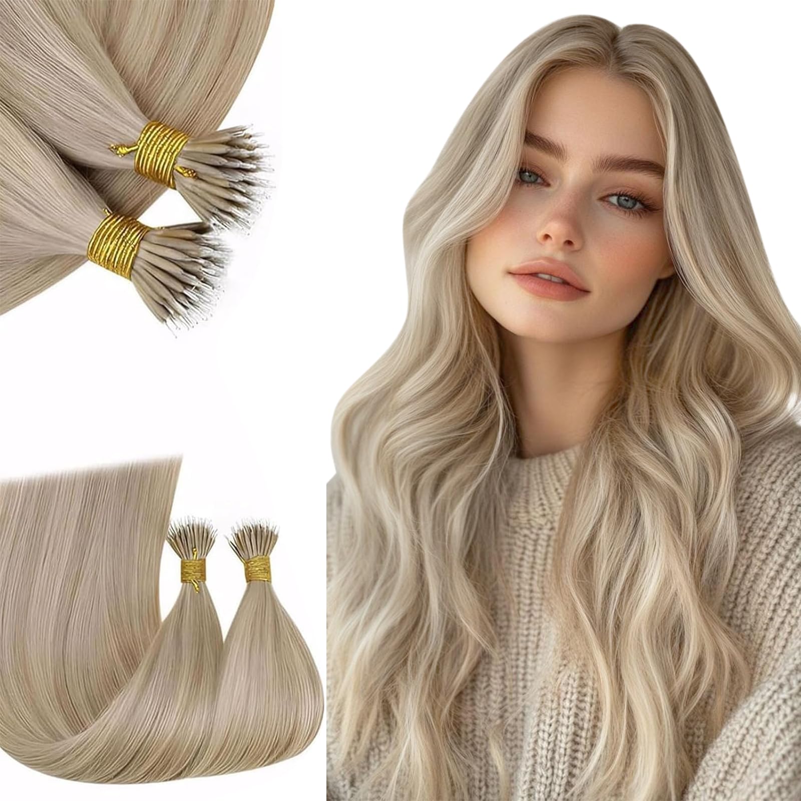 RUNATURE Nano Beads Hair Extensions Real Human Hair 14 Inch Blonde Highlights Golden Blonde Nano Hair Extensions Remy Straight for Daily Use Cold Fusion Hair 50s 50g #16/22