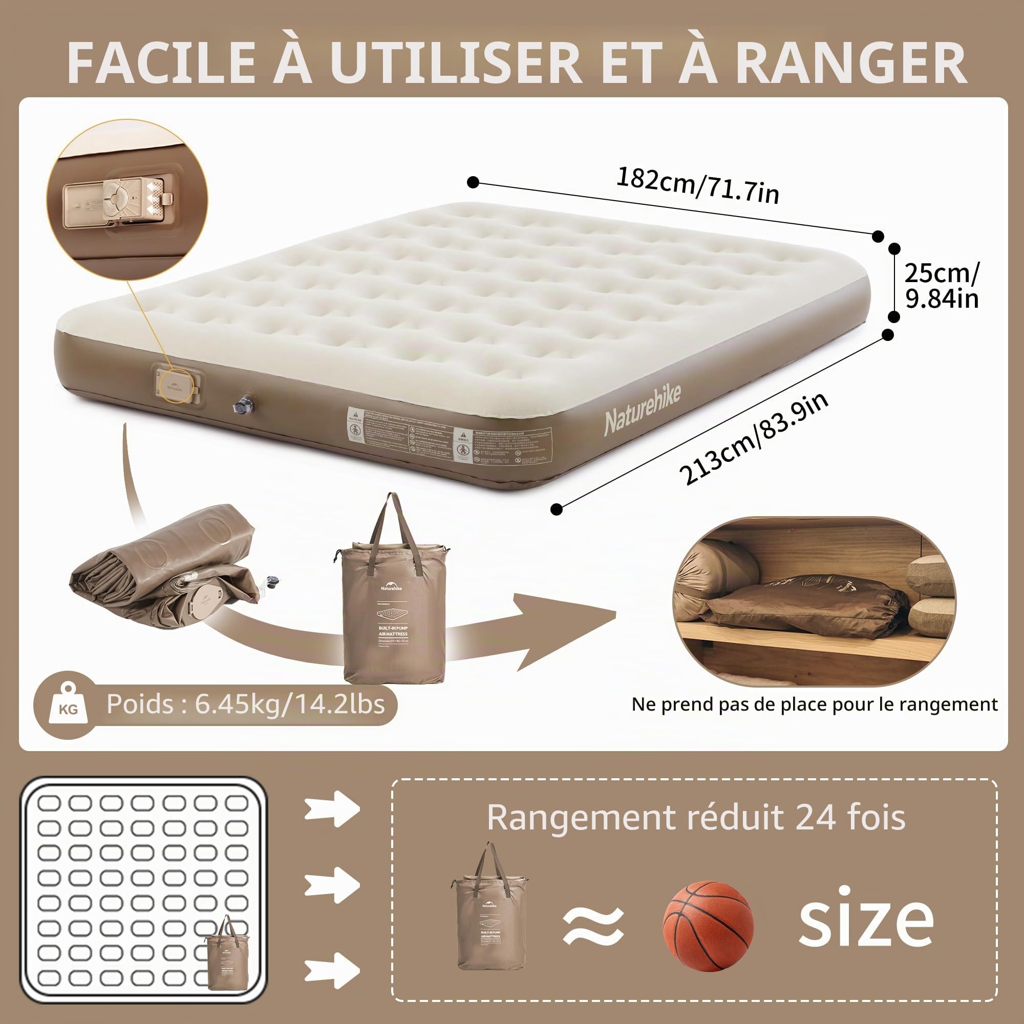 Naturehike ChenjIng Matelas gonflable Convient pour un usage domestique et le camping 213 x 182 x 25 cm (Extra Large-Marron-3 personnes)