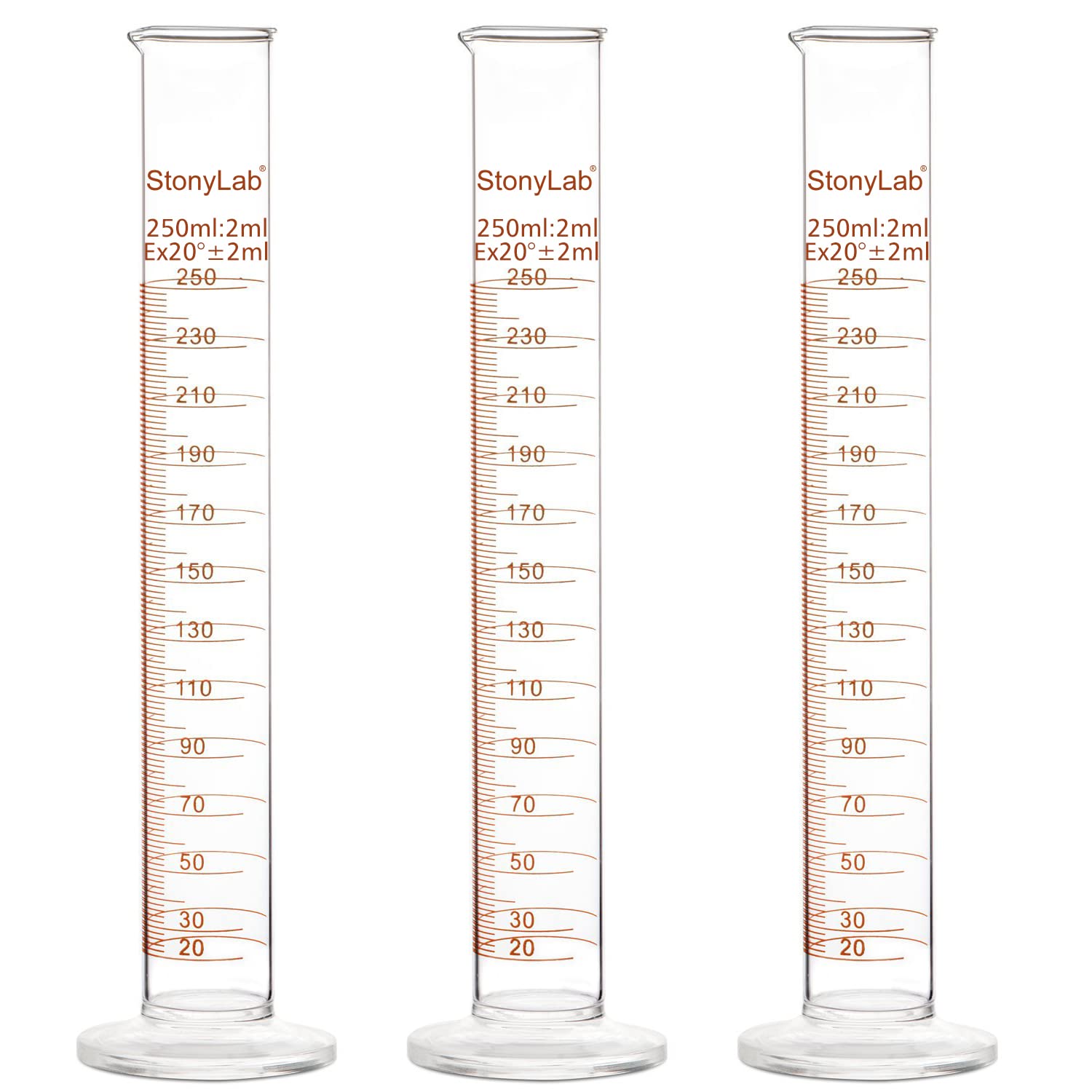 stonylab Lot de 3 Éprouvettes Graduées en Verre Borosilicate, Cylindre de Mesure de Laboratoire, Bec Verseur, 250 ml, Résistance Thermique 200°C
