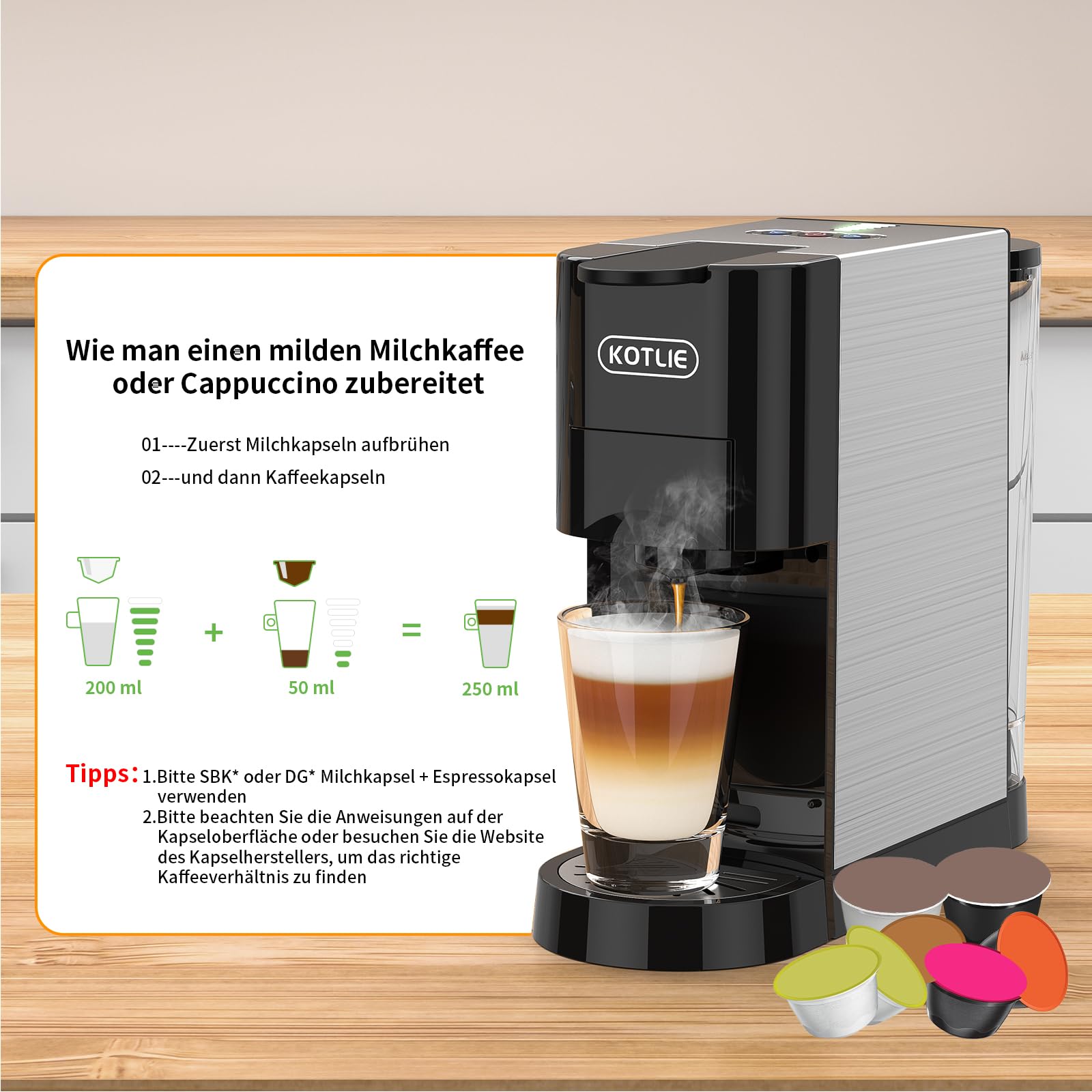 KOTLIE AC-513HF 5 in 1 Kaffeemaschine für NES/DG/a modo mio/Gemahlener Kaffee/ESE(44mm), Höhe für große Tassen (Schwarz)