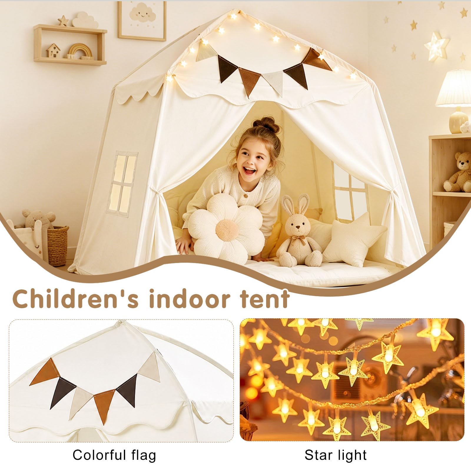 Extragroßes Spielzelt für Kinder – Tragbares & Faltbares Tipi Spielhaus mit Flaggen, Jungen & Mädchen, Kuppelzelt für drinnen und draußen, 150x100x150 cm (Cremefarben)