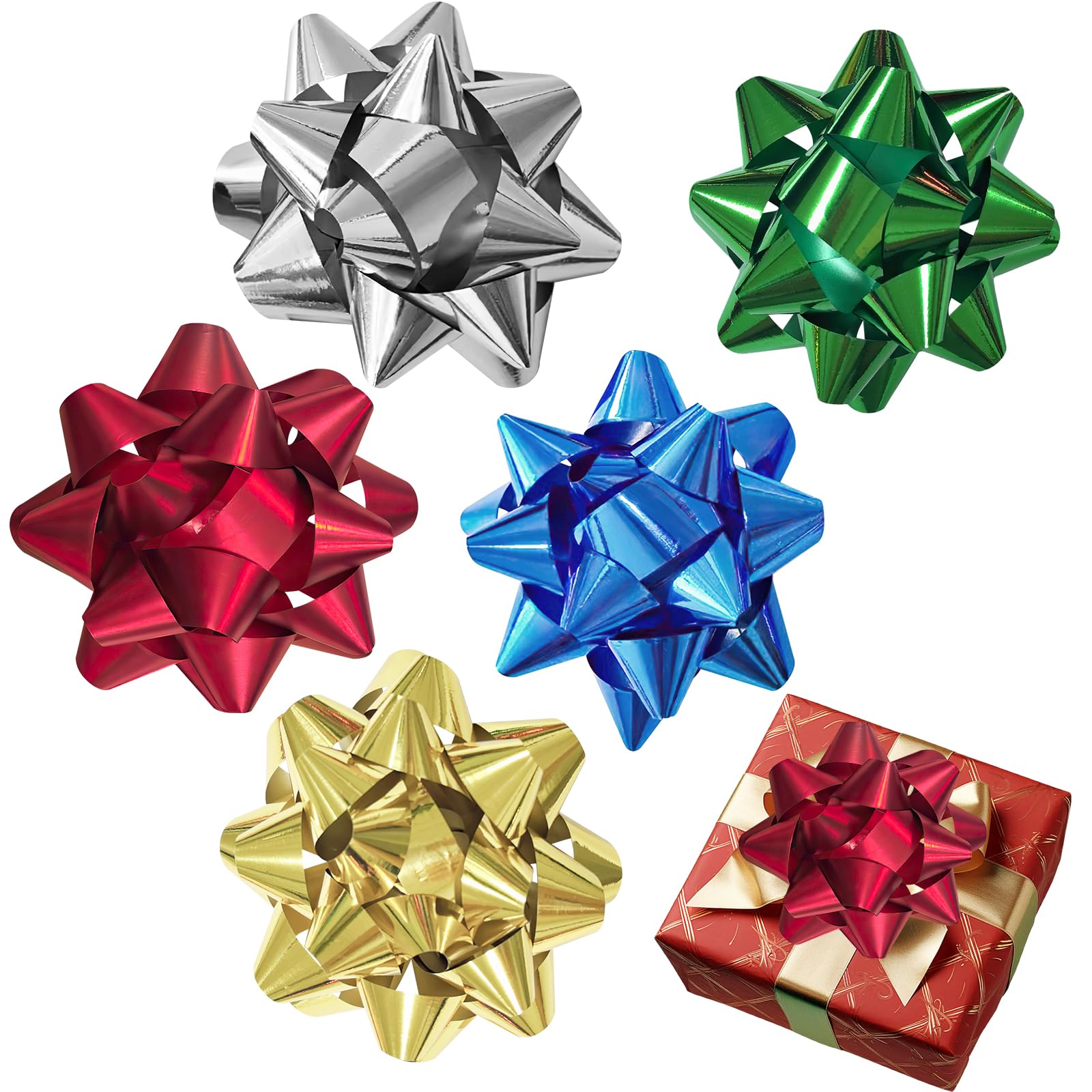 50PCS Christmas Metallic Gift Bows, Metallic Star Bows, Christmas Star Xmas Bow, Xmas Decorative Bow Present Gift Bowing, Party Gifts Wrapping Bowing, for Gifts Wrapping, Holiday, Birthdays, Weddings