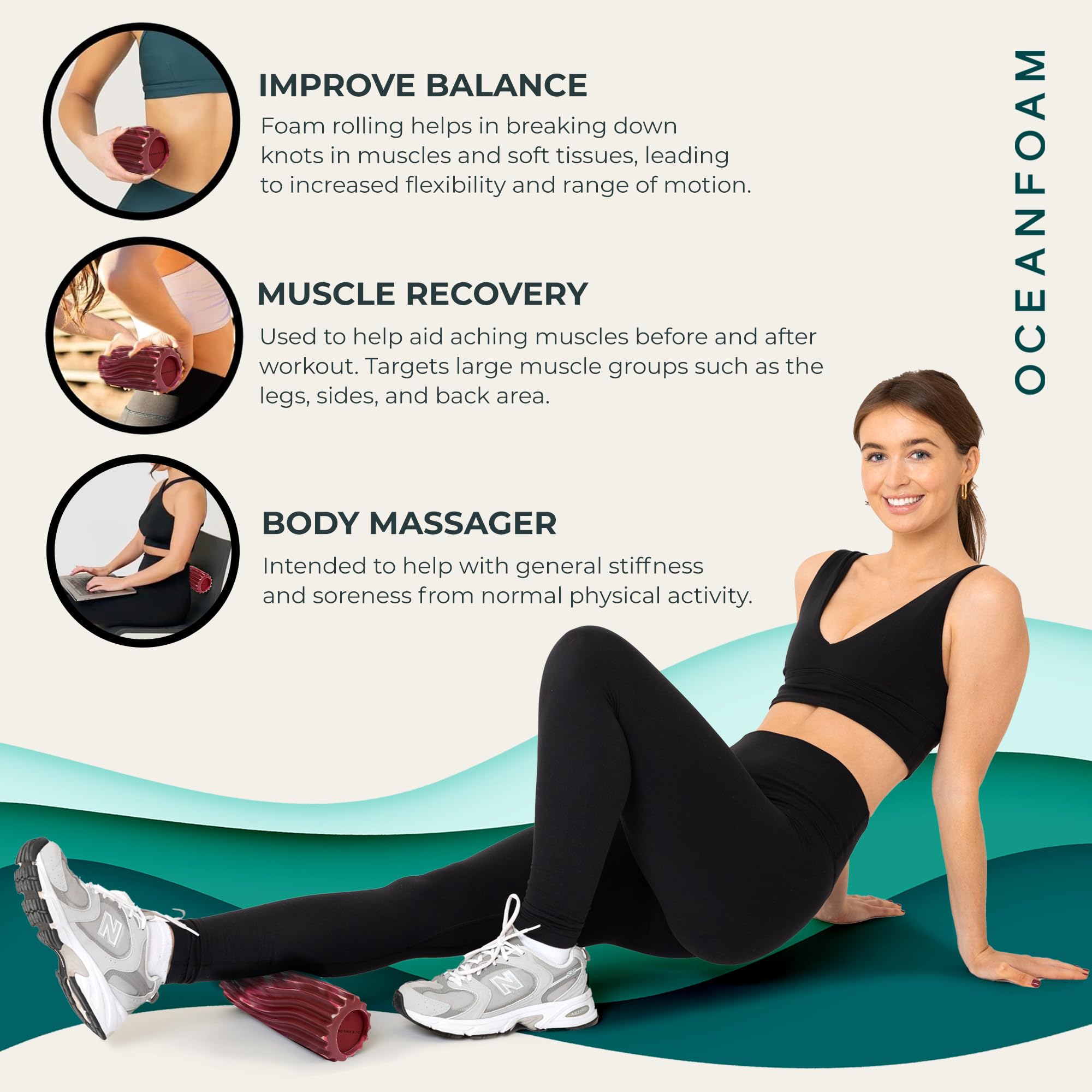 Oceanfoam Ripple Roller - Rodillo de espuma de masaje muscular para dolor de espalda y estiramiento, textura ondulada ergonómica, yoga, atletismo y bienestar, compacto, 11 x 3.35 pulgadas, granate,