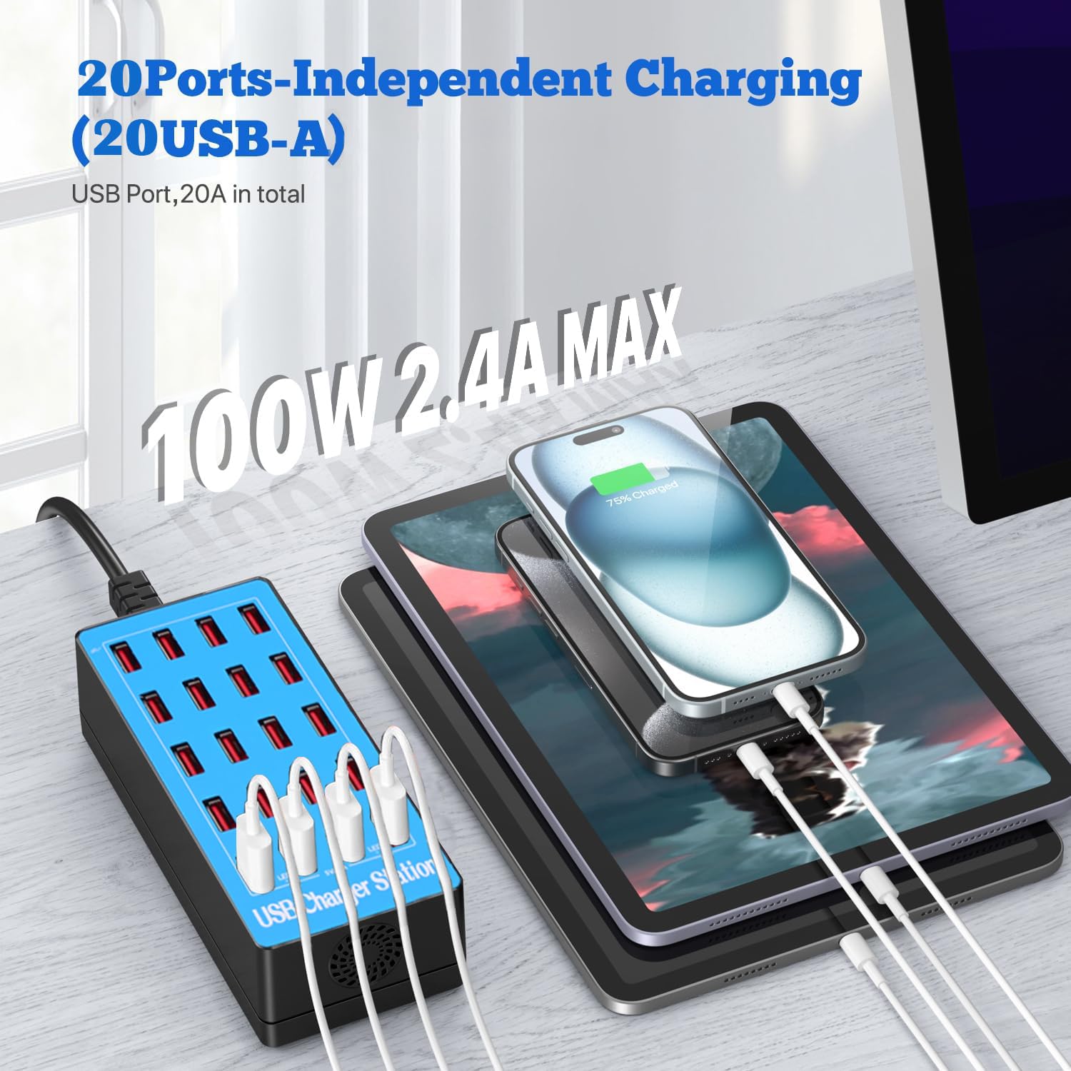 Caricatore Multiplo, Stazione di Ricarica a 20 Porte USB da 100W/20A, Hub di Alimentazione Compatibile Con iPhone 12/13/14/15, Samsung S24/S23/S22, Google, Tablet