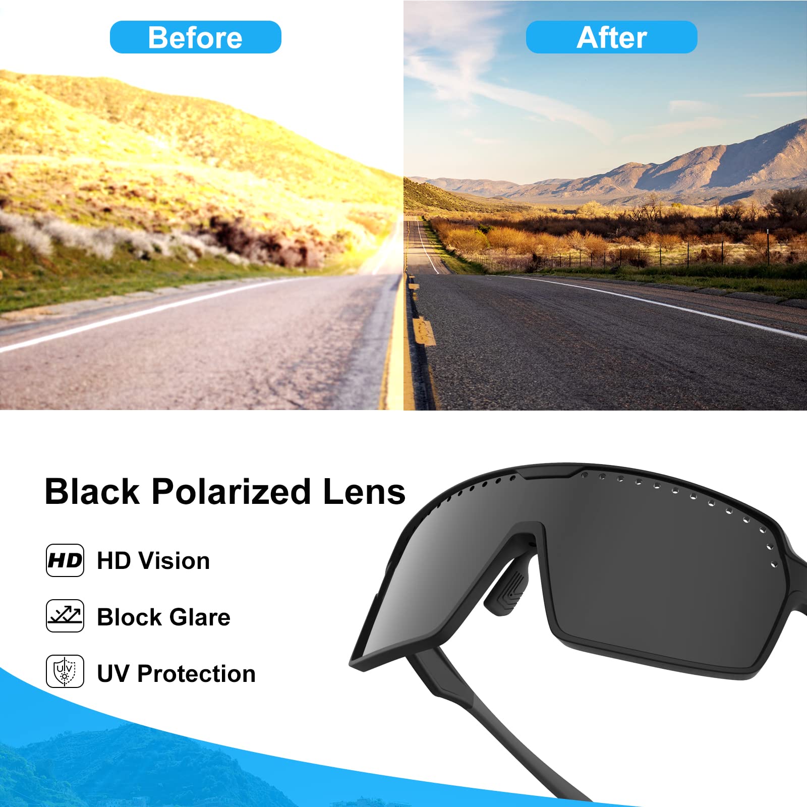 HAAYOT Polarized Cycling Glasses,Sports Sunglasses for Men Women,Baseball Running Fishing Biking Sunglasses with 3 Lenses Black Silver