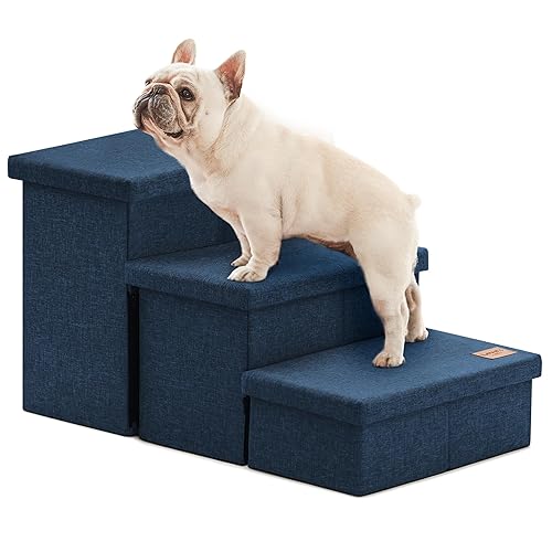 Love's cabin Dog Stairs with Storage,3 Steps Wider Dog Steps for High Bed 18" H,Foldable Pet Stairs for Small Medium Large Dogs Cats for Bed Couch Car, Ramp with Zip up to 200 lbs,Navy Blue, No Condo - Navy Blue - 3-Stairs-Storage