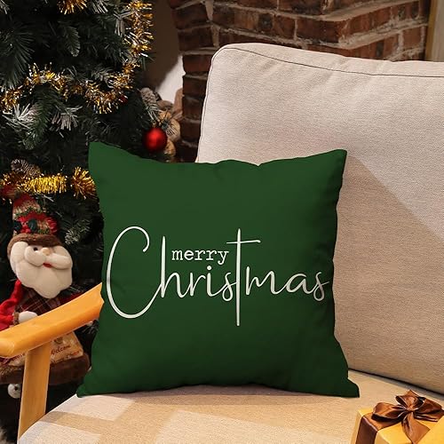 Miniatura 5 de Fundas de almohada navideñas con texto en inglés Merry Christmas, decorativas, de tela de algodón, color verde, de lino, funda de almohada para