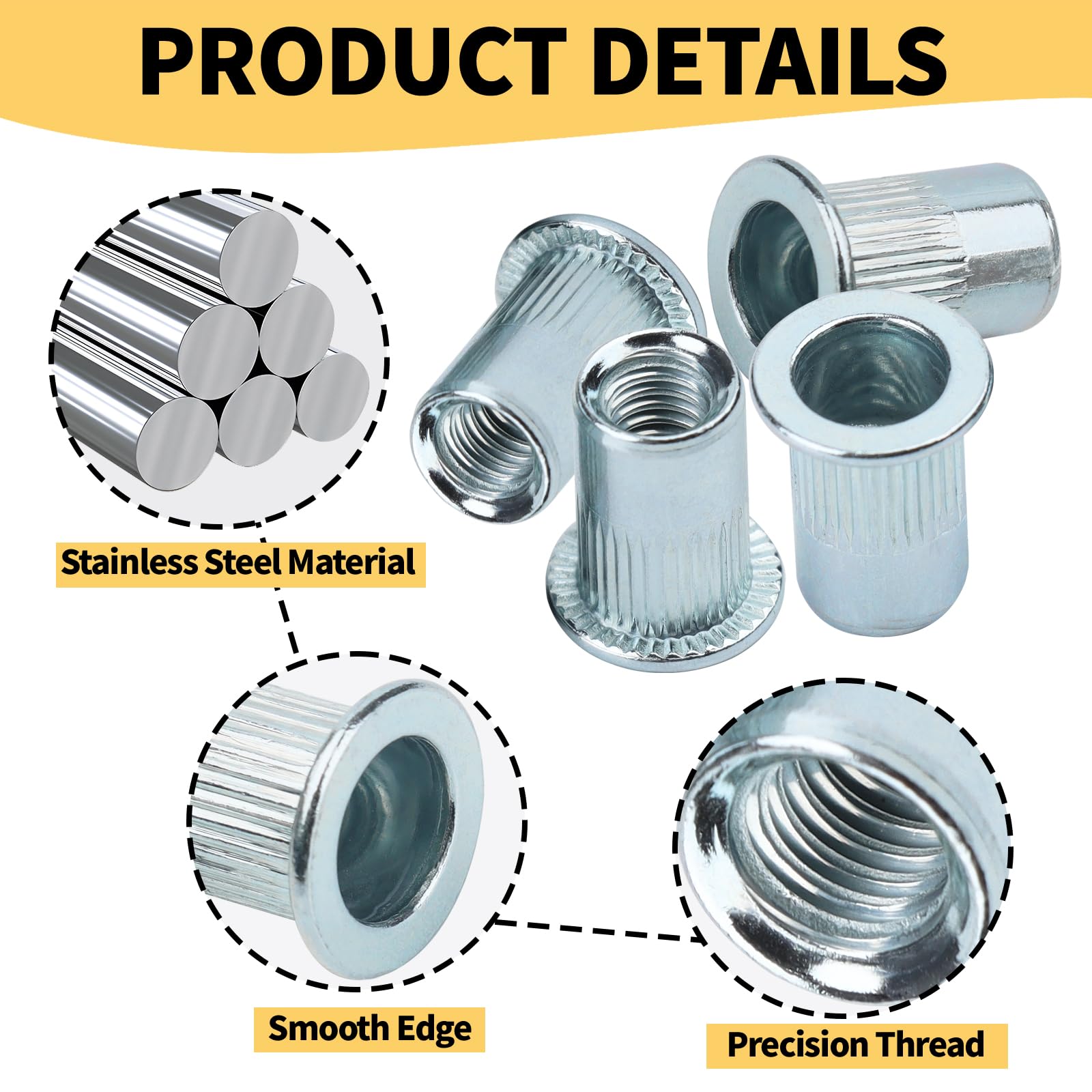 100 dadi rivettati, rivetti metrici, dadi rivetti M6 a testa svasata, filettatura Rivet Nutsert testa piatta con scatola, M6 rotondi, rivetti filettati per pannelli di plastica in metallo