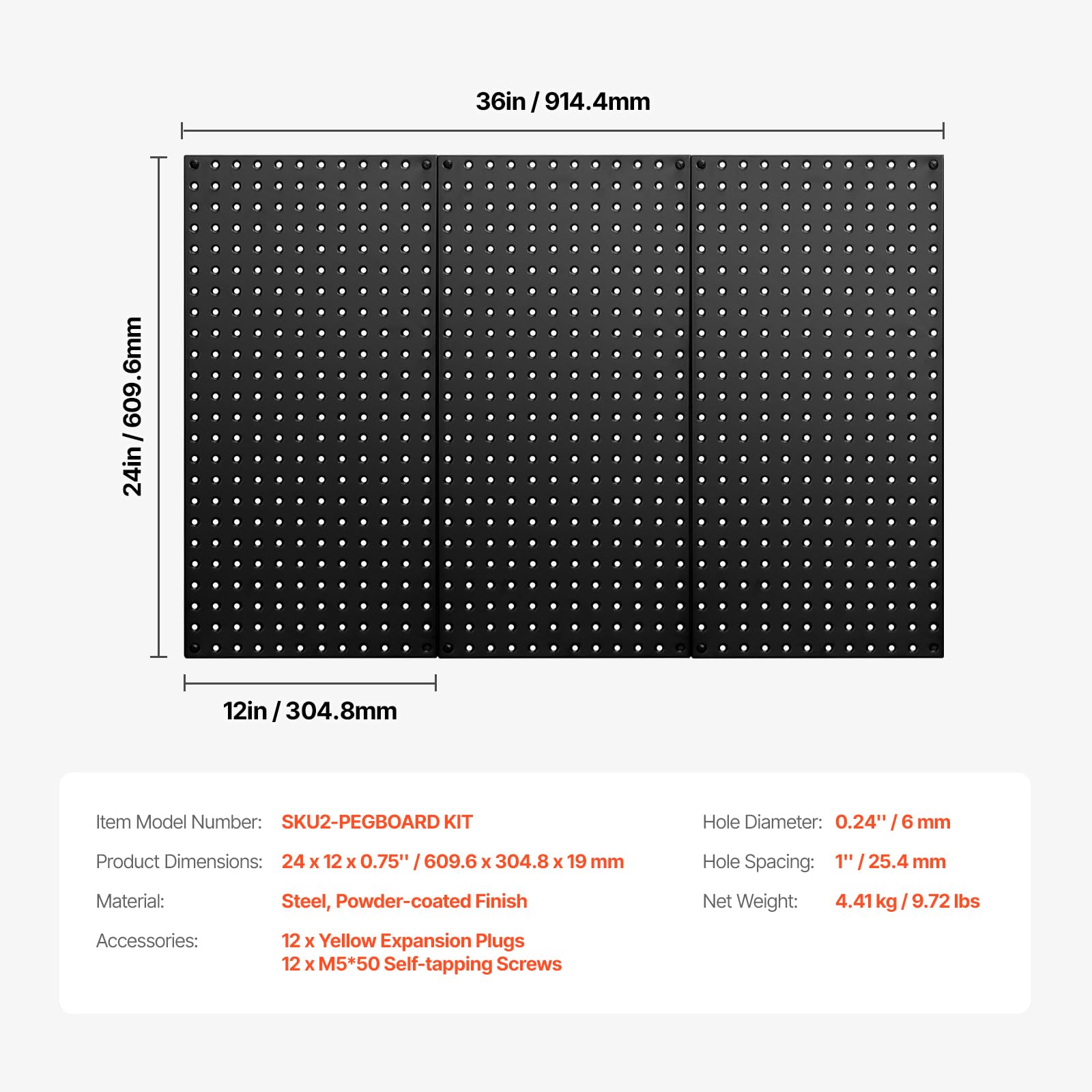 VEVOR Pannello Forato da Muro 609,6x304,8 mm Organizzatore per Garage in Metallo da Parete con 3 Pannelli Forati, Kit per Organizzazione Attrezzi per Ufficio, Studio Artigianale, Cucina, Casa, Nero