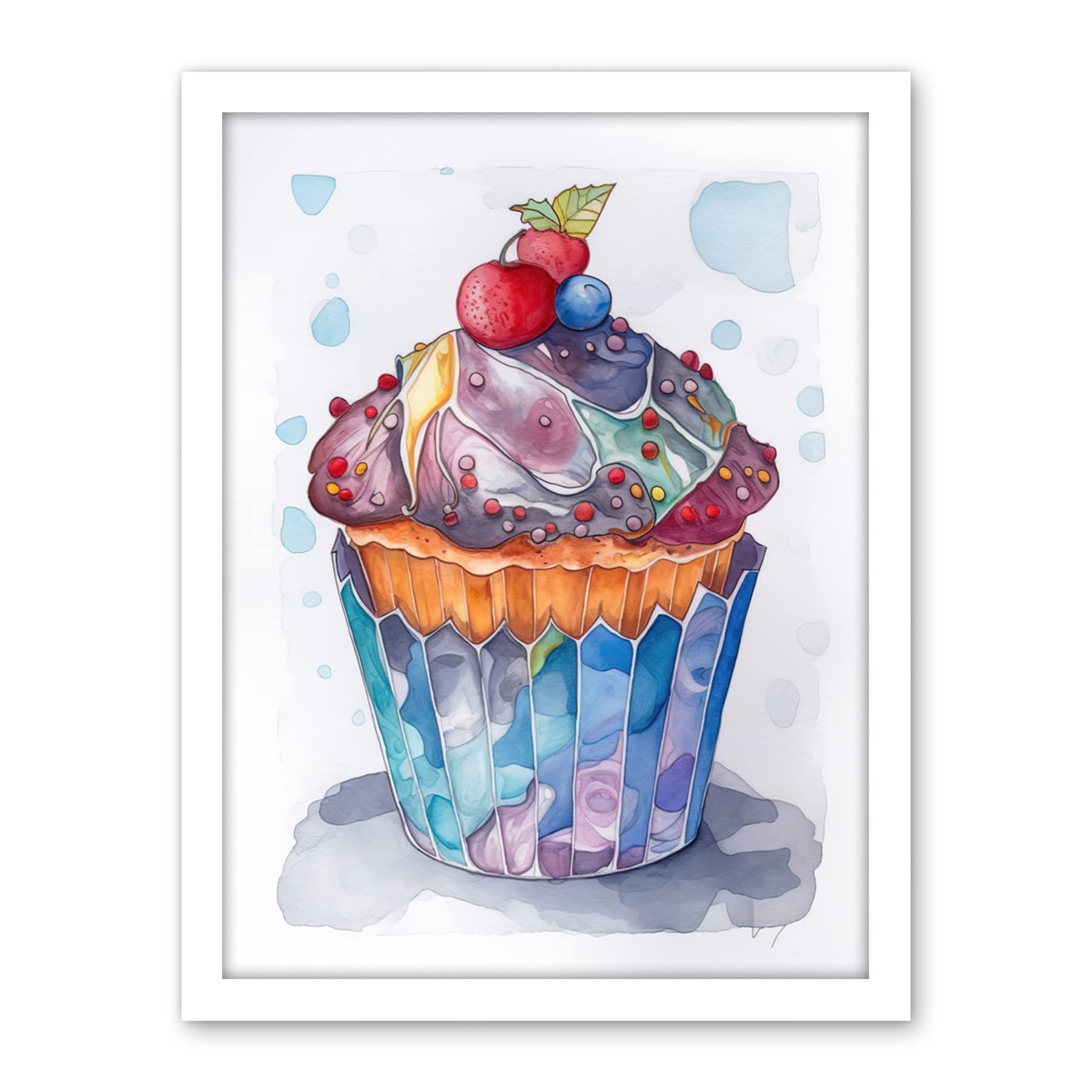 Artery8 Cupcake Icing With Fruit Folk Art Watercolour Painting Artwork Framed Wall Art Print 18X24 Inch