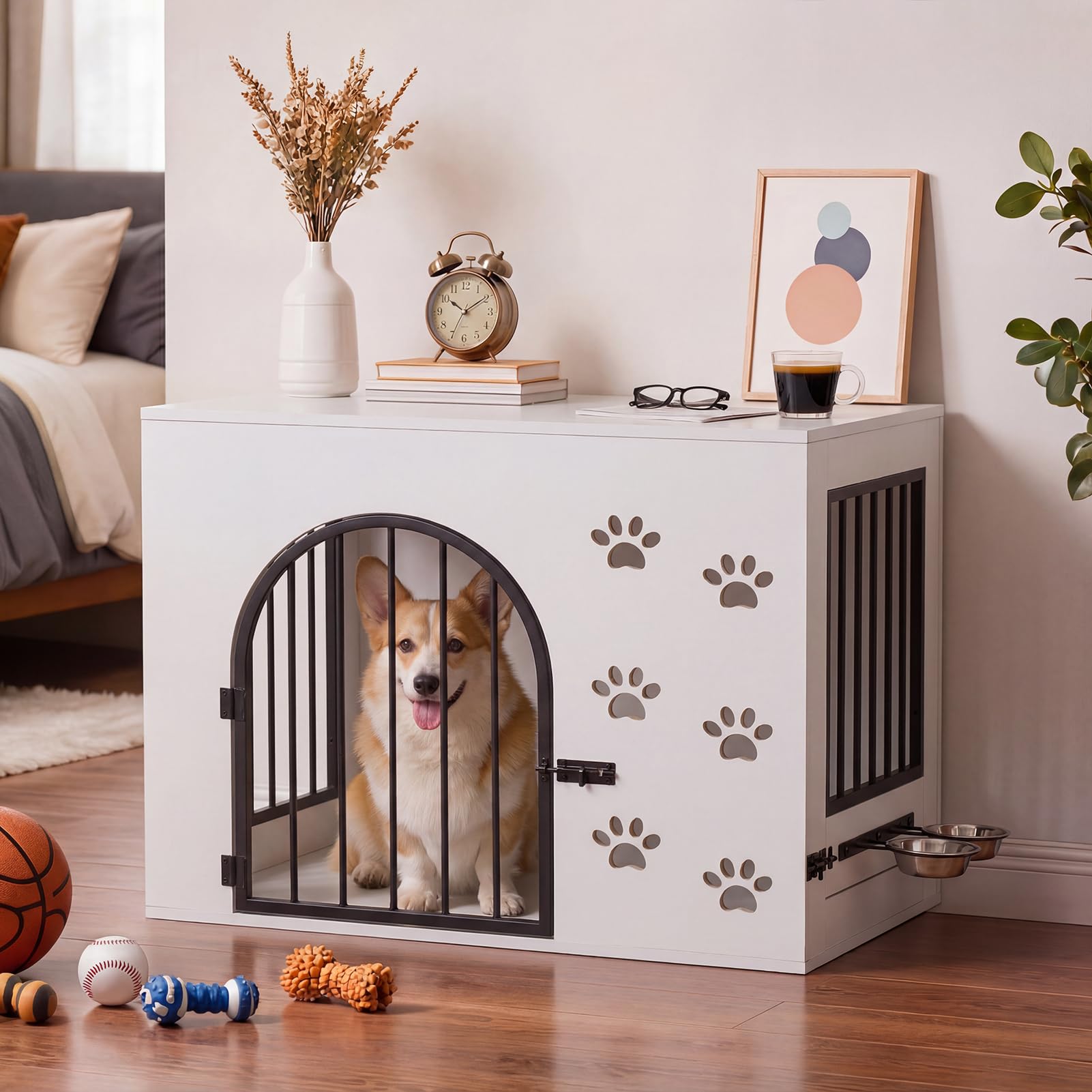 The Fellie Dog Crate Furniture, Indoor Dog Kennel with 360°Rotatable Bowl, Wooden Pet Crate End Side Table, Arched Door Design Wooden Pet House for Small/Medium Dogs, 80x55x63cm, White