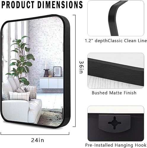 Miniatura 7 de Espejo de baño grande con marco de metal para pared, rectángulo redondeado que se cuelga horizontal o verticalmente, espejo para baño, tocador,