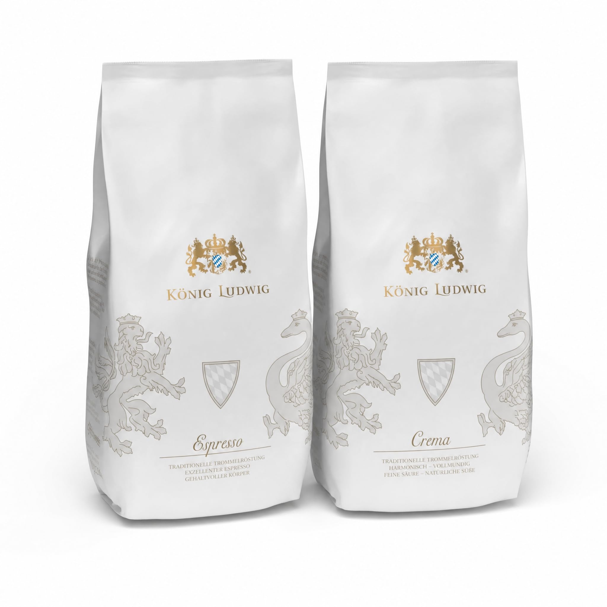 König Ludwig Kaffeebohnen Set, 90% Arabica Crema und 60% Arabica Espresso, Traditionelle Trommelröstung, 2000g (Espresso 1 Kg + Crema 1 Kg)