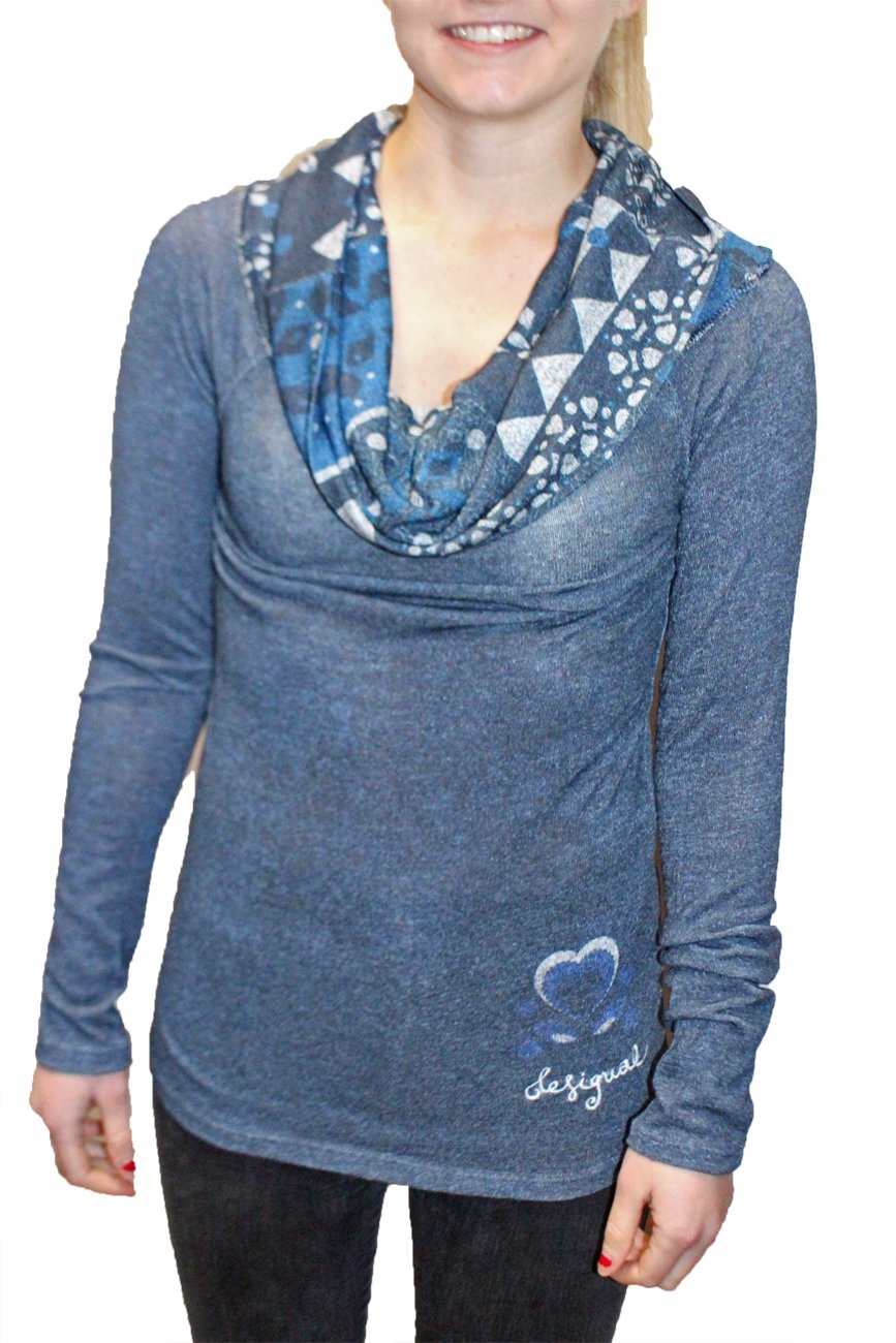 Desigual Women's Blue Gris Cowl Neck T-Shirt L Uk 14