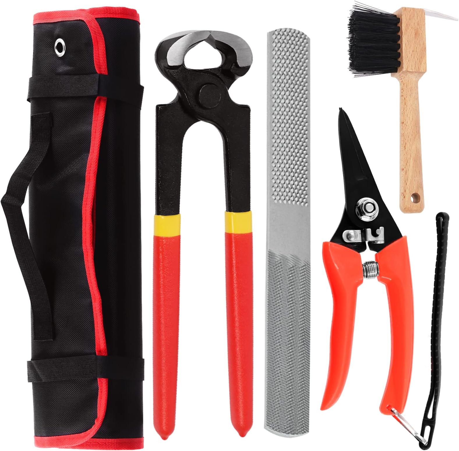 Swpeet 5Pcs Professional Farrier Tools Value Supplies Kit with Roll Pack, Mini 8 Inch Rasp Hoof File, 8 Inch Hoof Nipper, Horseshoe Brush, Horses Hoof Trimmers Shears Tools, Hoof Cutter for Horse