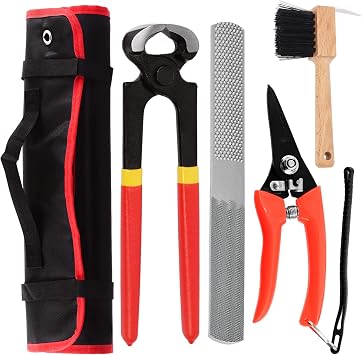 Swpeet 5Pcs Professional Farrier Tools Value Supplies Kit with Roll Pack, Mini 8 Inch Rasp Hoof File, 8 Inch Hoof Nipper, Horseshoe Brush, Horses Hoof Trimmers Shears Tools, Hoof Cutter for Horse