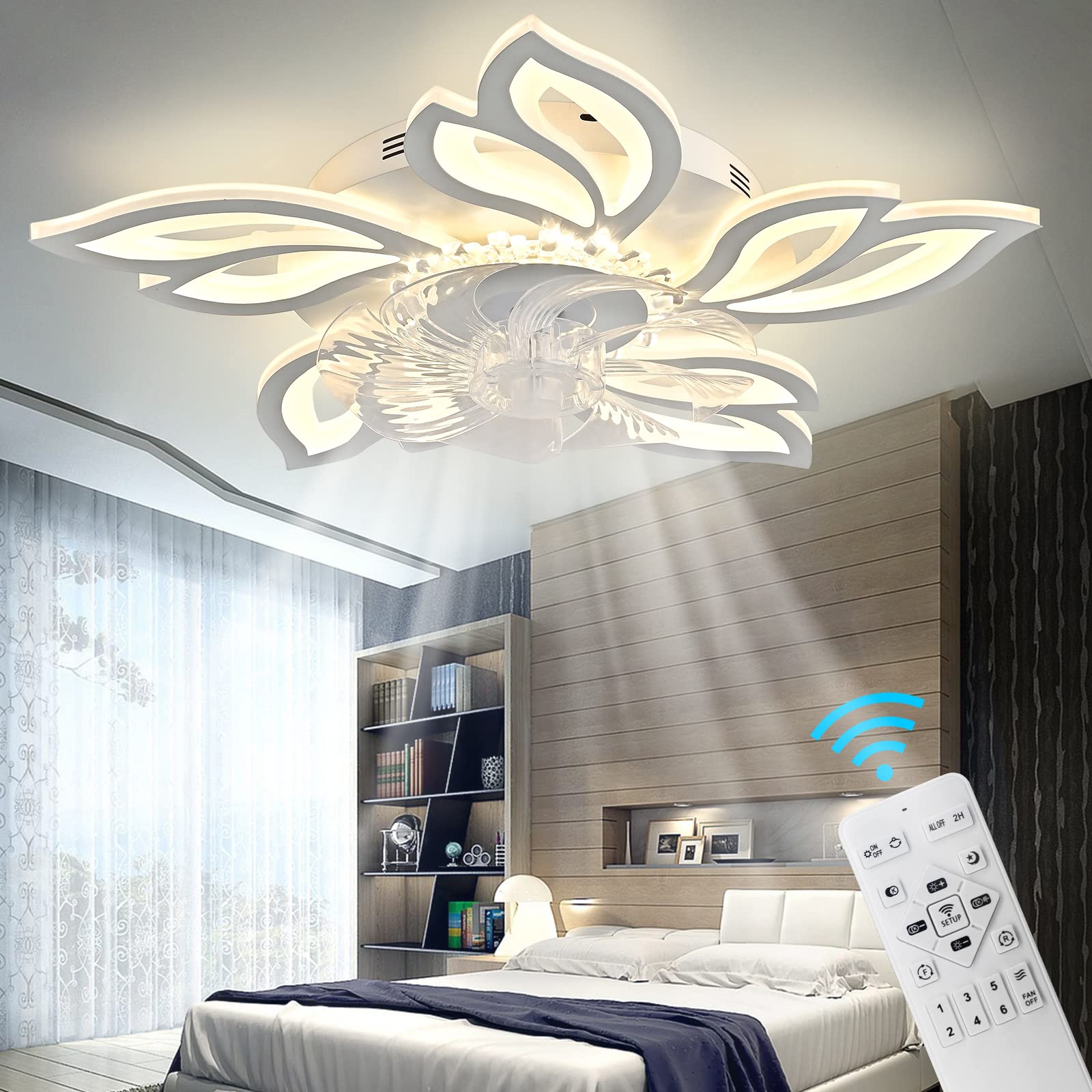 Jesskit 26.8 inch Ceiling Fans with Lights, Modern Dimmable Ceiling Fans, Petal Chandelier Ceiling Fans with 6 Speeds and Remote Control for Living Room Bedroom Dining Room