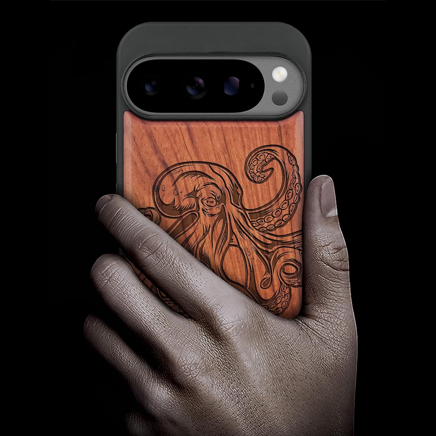 Carveit Magnetic Wooden Case for Google Pixel 10 Pro XL Case, Wood Artisan Engraved & Soft TPU Shockproof Cover, Compatible with MagSafe Wireless Chargers (Octopus Drawing) Rosy