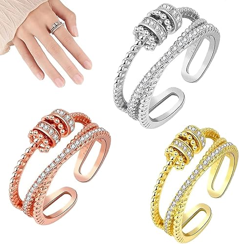 XIGUA JANSIO - Anillo de triple giro Threanic anillo de triple giro Threanic anillo giratorio triple de circonita Feelief anillo giratorio para