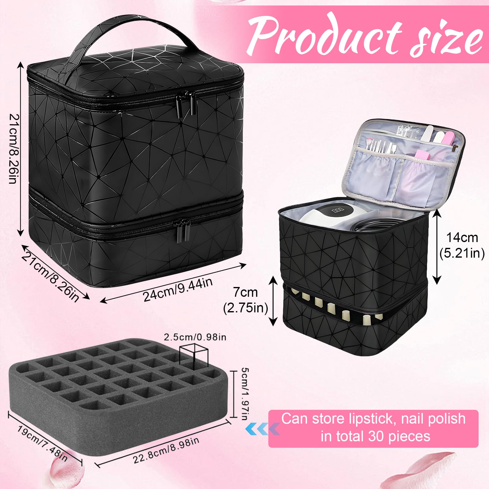HA BIN Organizador de Esmaltes de Uñas Doble Capa para 30 Botellas + Lámpara Bolsa de Viaje Impermeable con Compartimentos, para Manicura Profesional y en Casa