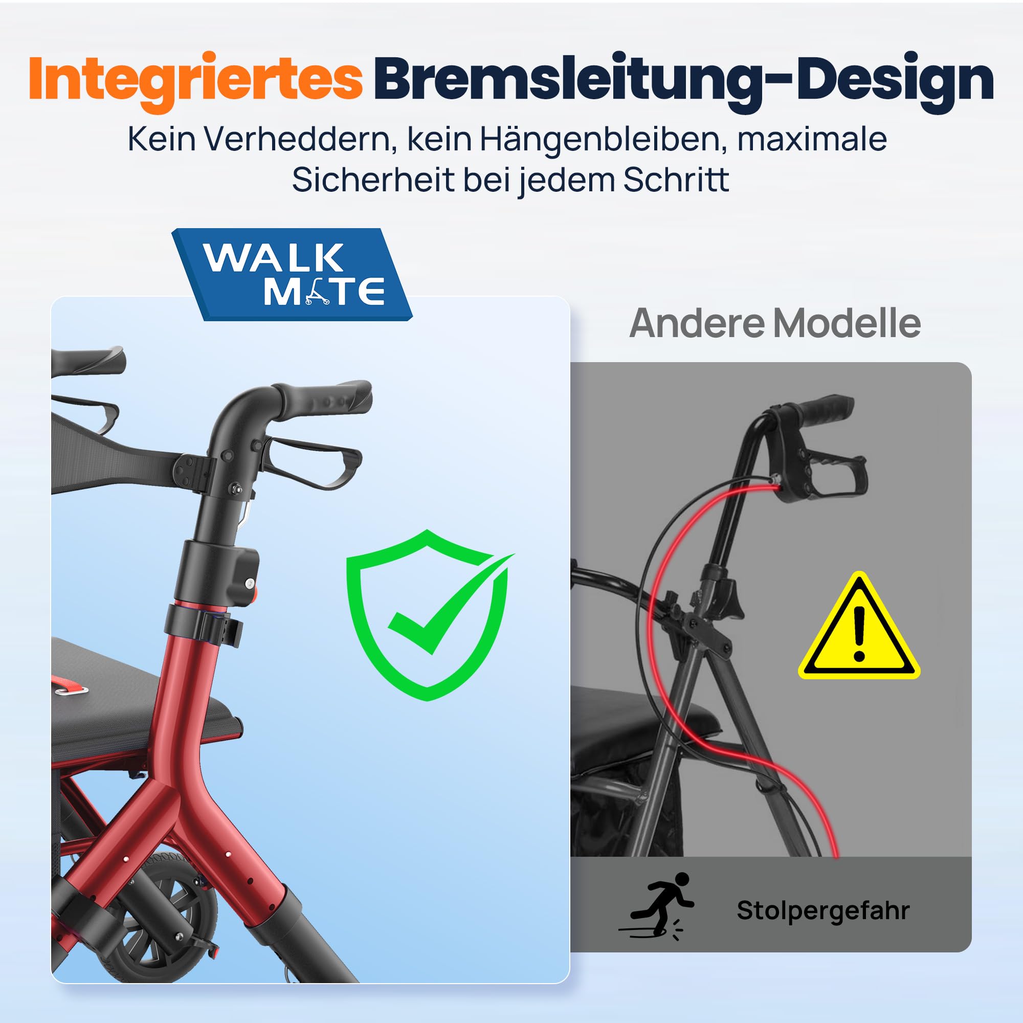 WALK MATE Rollator Faltbar und Leicht mit Sitz für Große Menschen bis 2m | Rollatoren Schmal für Wohnung,Höhenverstellbar,25cm Reifen und Versteckten Bremskabeln für Senioren,Drink Holder, Aluminium
