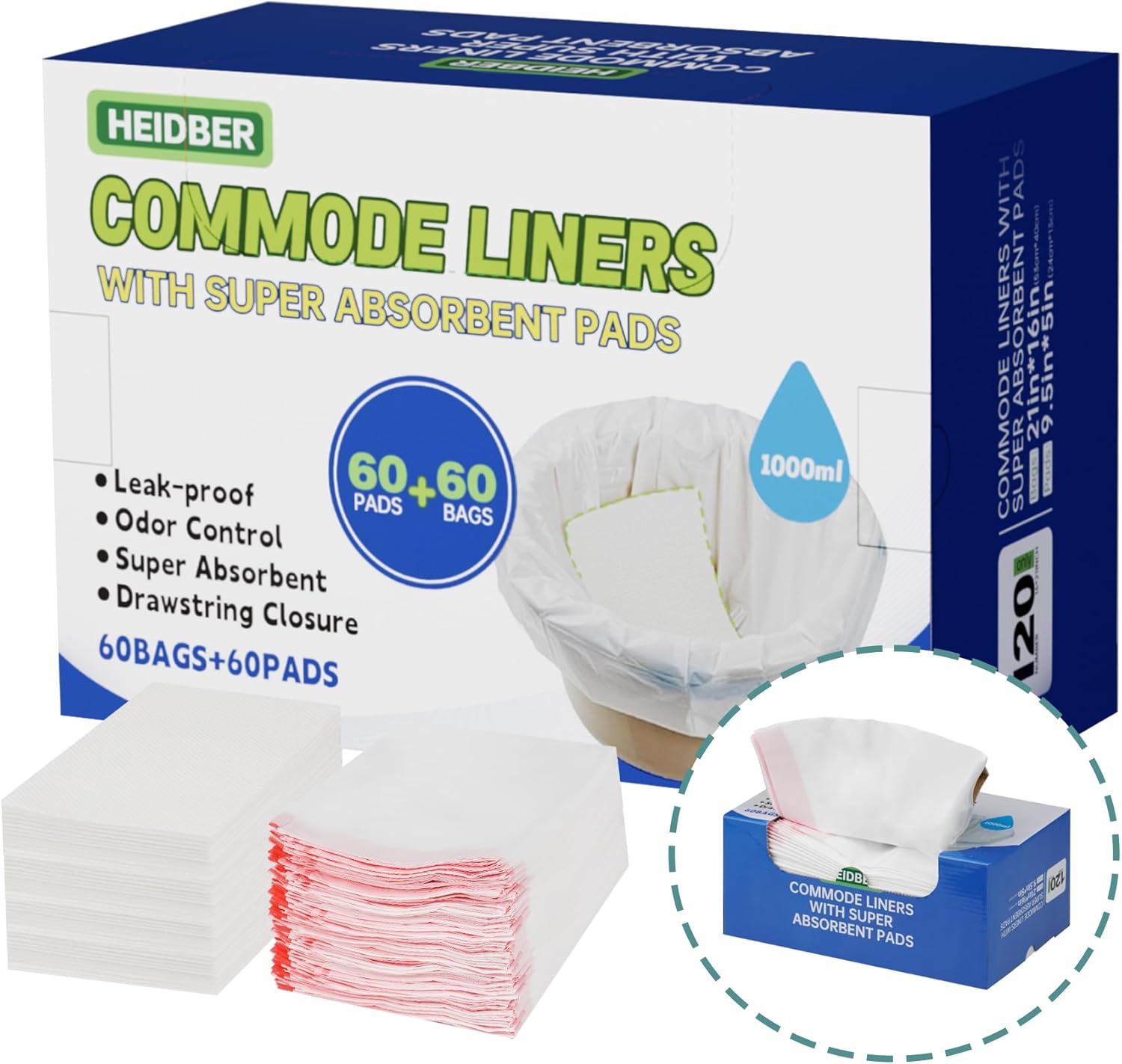 60 PCS Commode Liners with Absorbent Pads,Bedside Commode