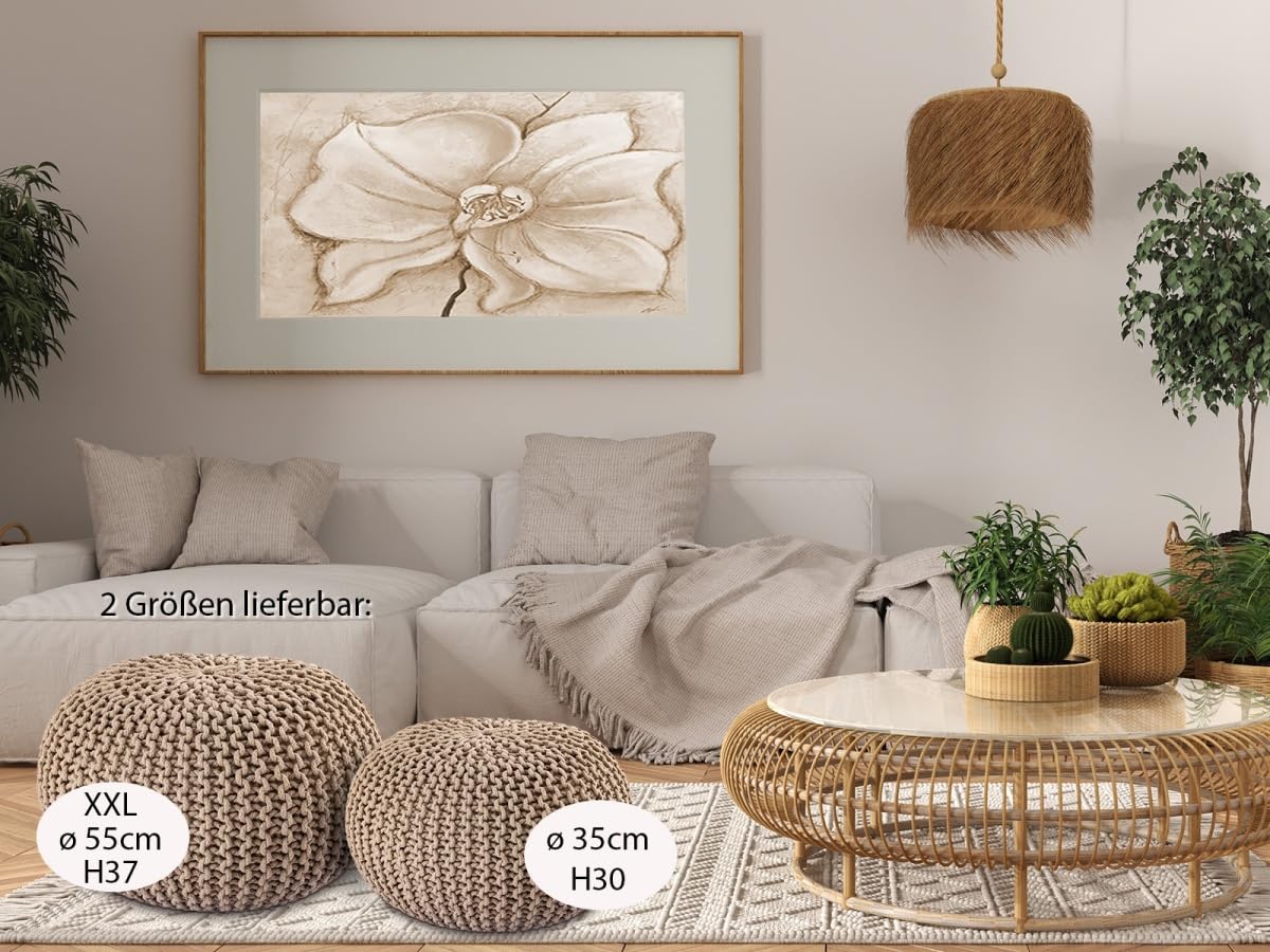 Strickhocker Pouf Ø45 o. 55cm Bodenkissen Sitzpouf XXL Baumwolle nachhaltig Größe ø 55 cm, Farbe beige
