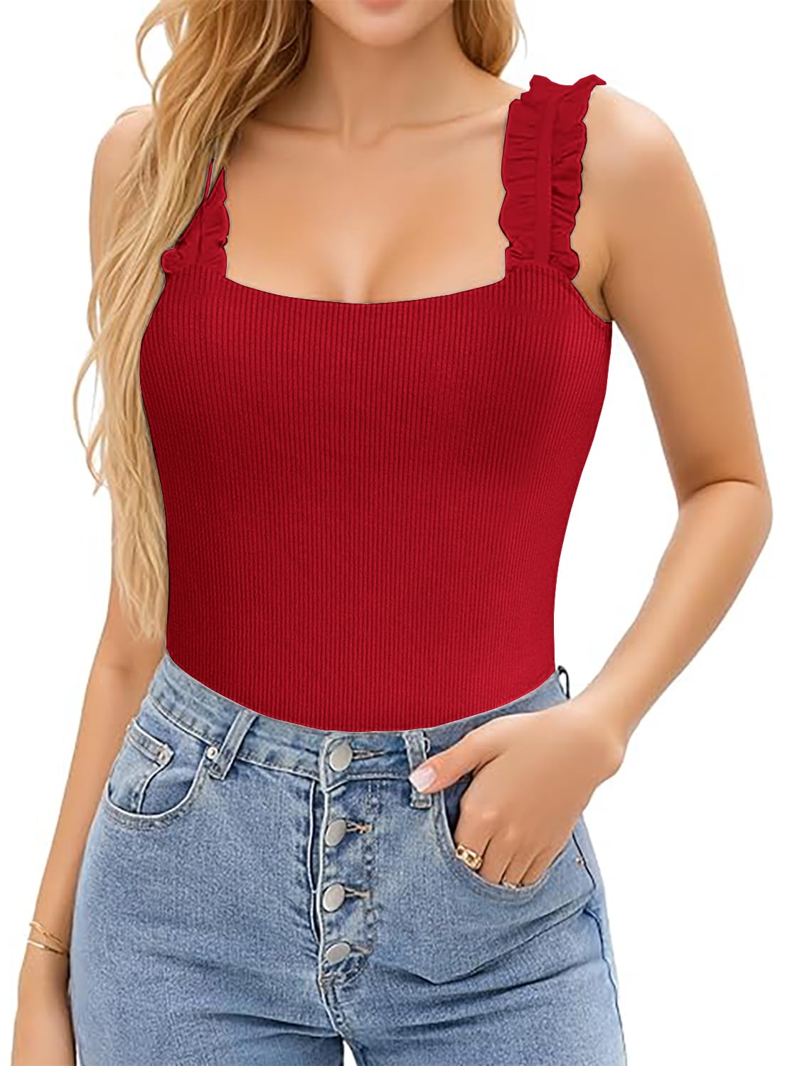 Basicspace Ruffle Strap Tank Tops for Women Summer Sleeveless Soft Slim Sexy Ribbed Knit Basic Tops Blouse