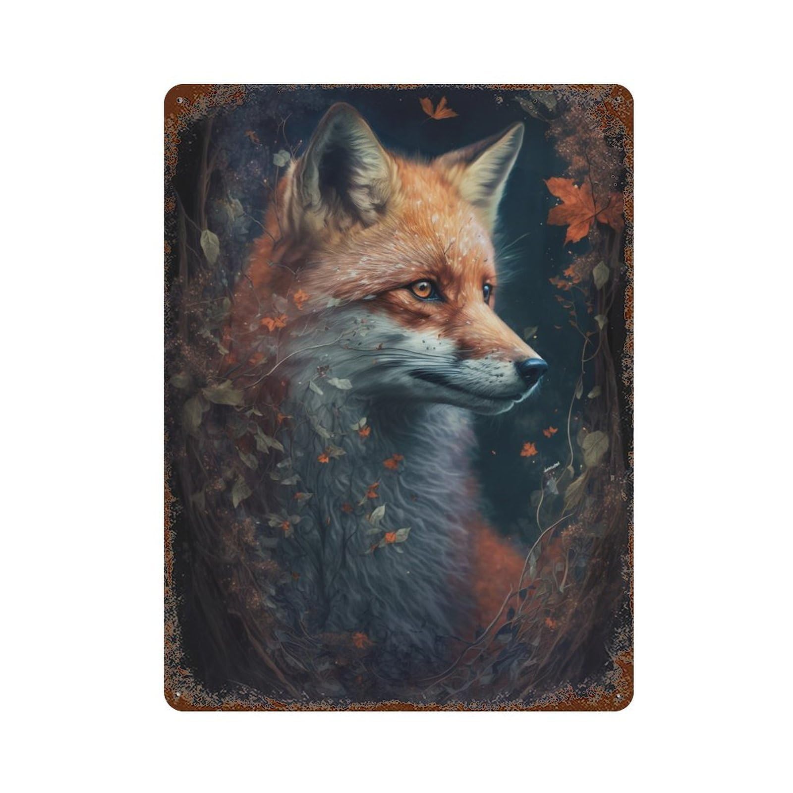 Autumn Fox Portrait 15.7"x11.8" Aged Metal Wall Plaque, Novelty Wall Decor for Shed, Workshop And Garage Wall Decor