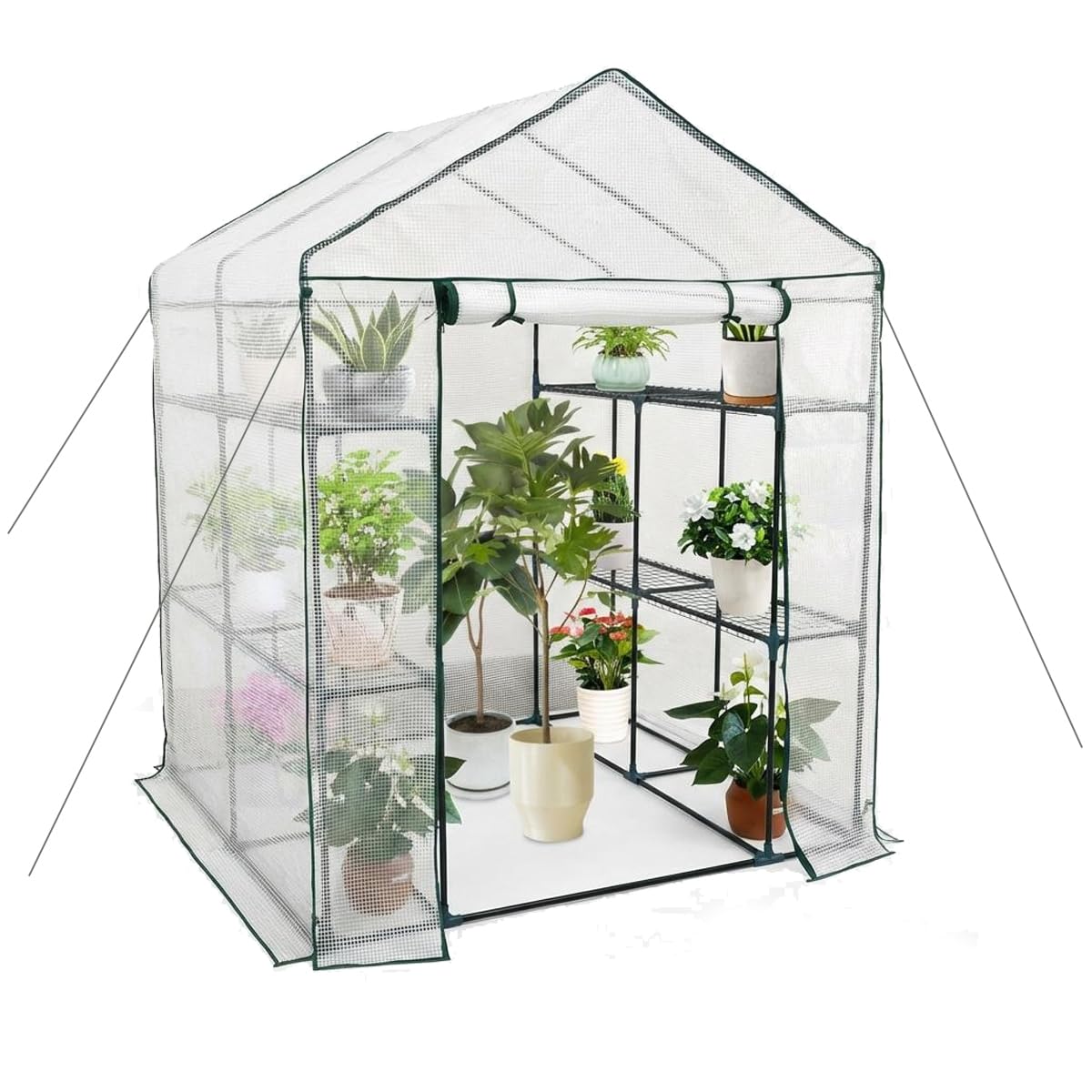 Walk-in Greenhouse with 8 Shelves, 4.7'x4.7'x6.4' Outdoor All-Season Plant Tent, Small Steel Frame Grow House with Clear PVC Cover & Zipper Door, Easy Tool-Free Assembly White