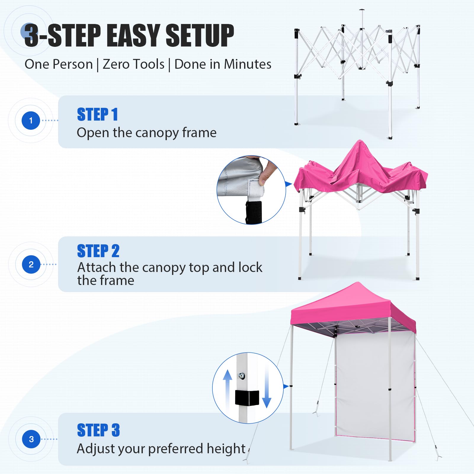 EAGLE PEAK Namiot pop-up 1.5x1.5 m, Przenośny namiot ogrodowy z jedną zdejmowaną ścianą przeciwsłoneczną, Pokrowiec w zestawie, Różowy